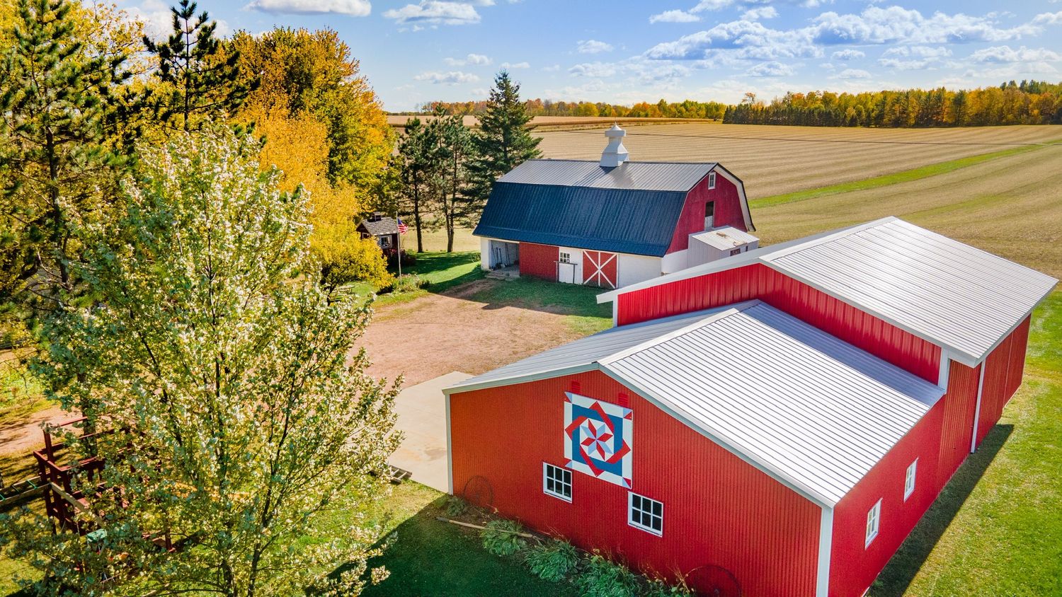 Aerial panoramic view of red barns and farm buildings surrounded by autumn trees and fields on a sunny day. Near Neillsville WI
