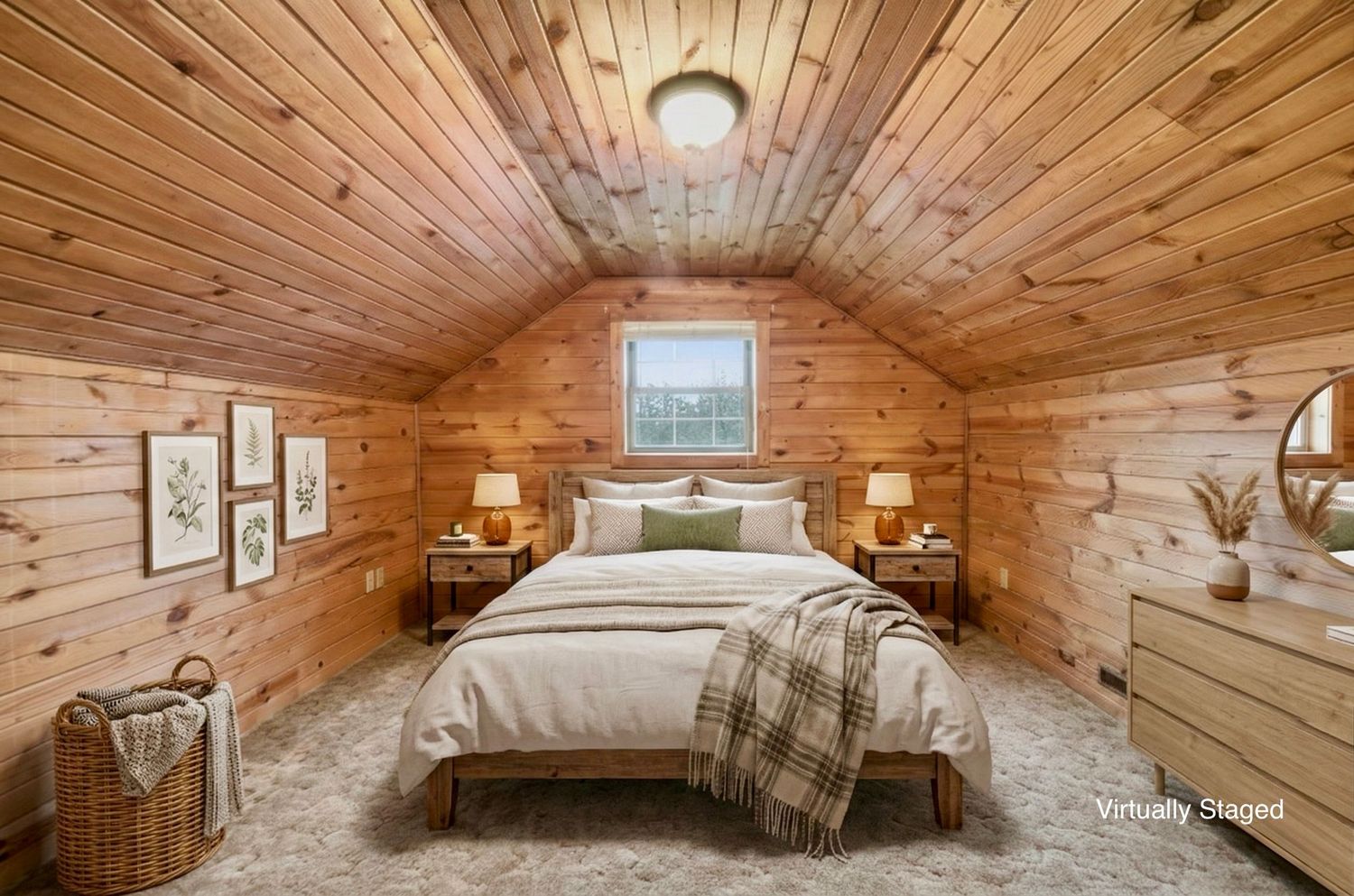 Cozy wooden cabin bedroom with sloped pine ceiling, rustic decor, and warm lighting creates an inviting mountain retreat atmosphere.