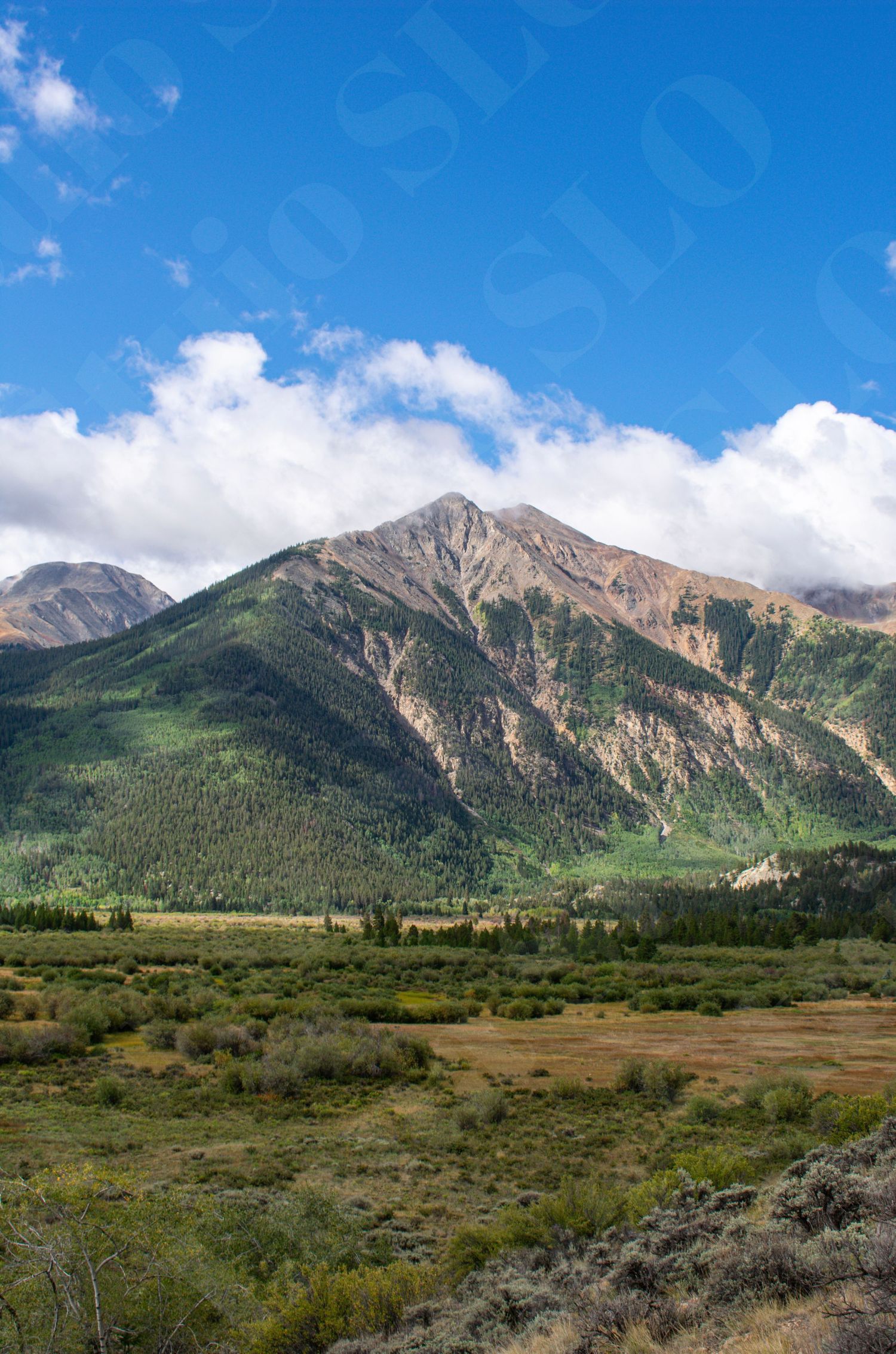 Panoramic view of rugged mountain peaks with green slopes under a bright blue sky.