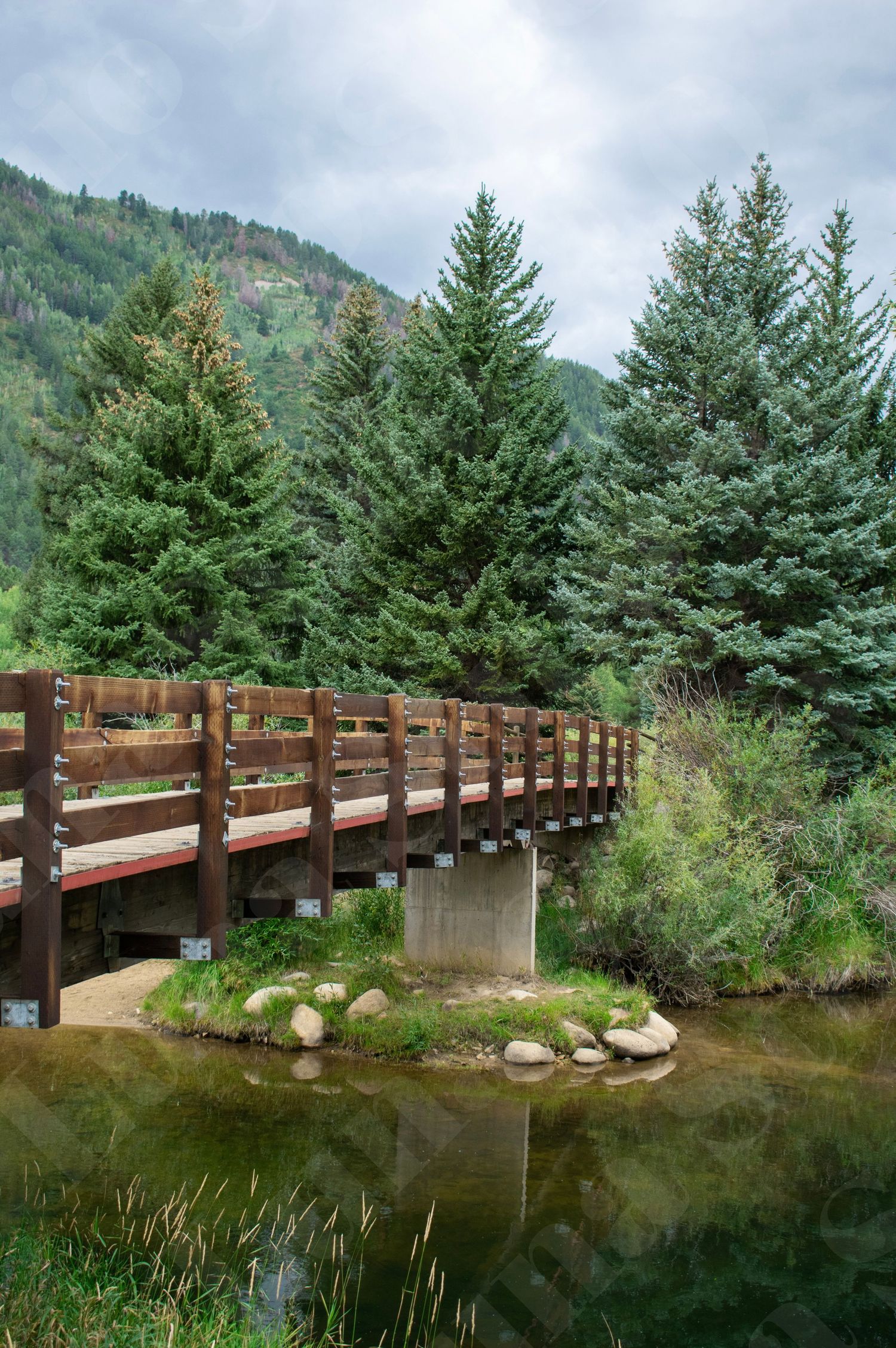 Wooden footbridge spans across a peaceful pond surrounded by evergreen trees in a mountain setting.