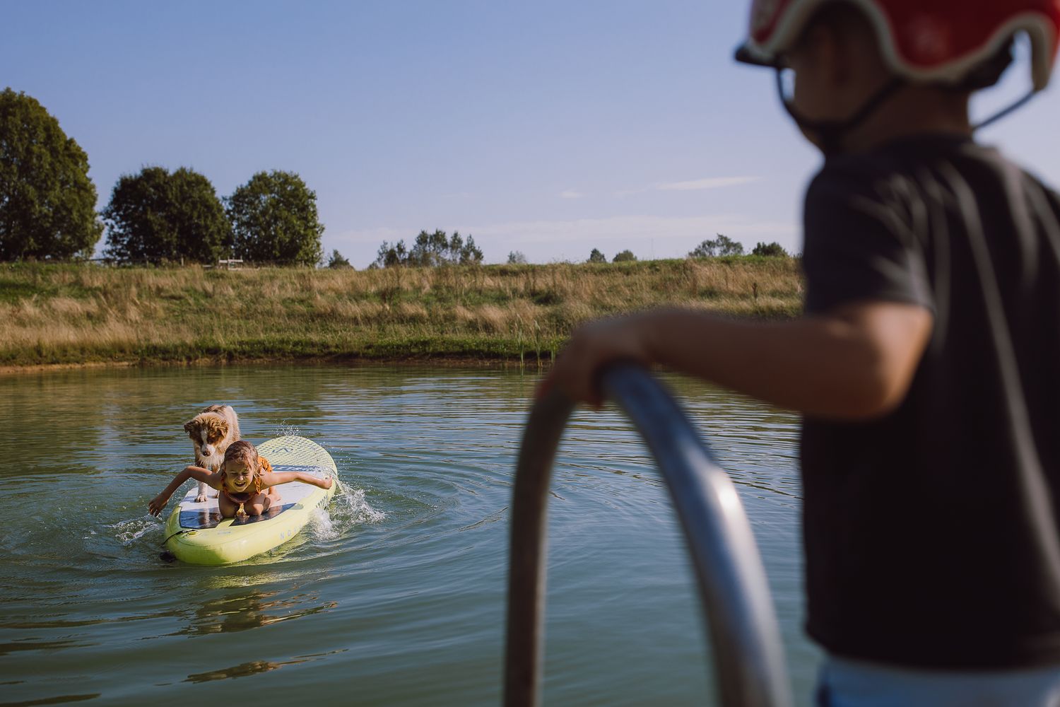 Dog splashing and playing in a lake on a sunny day with trees in the background.