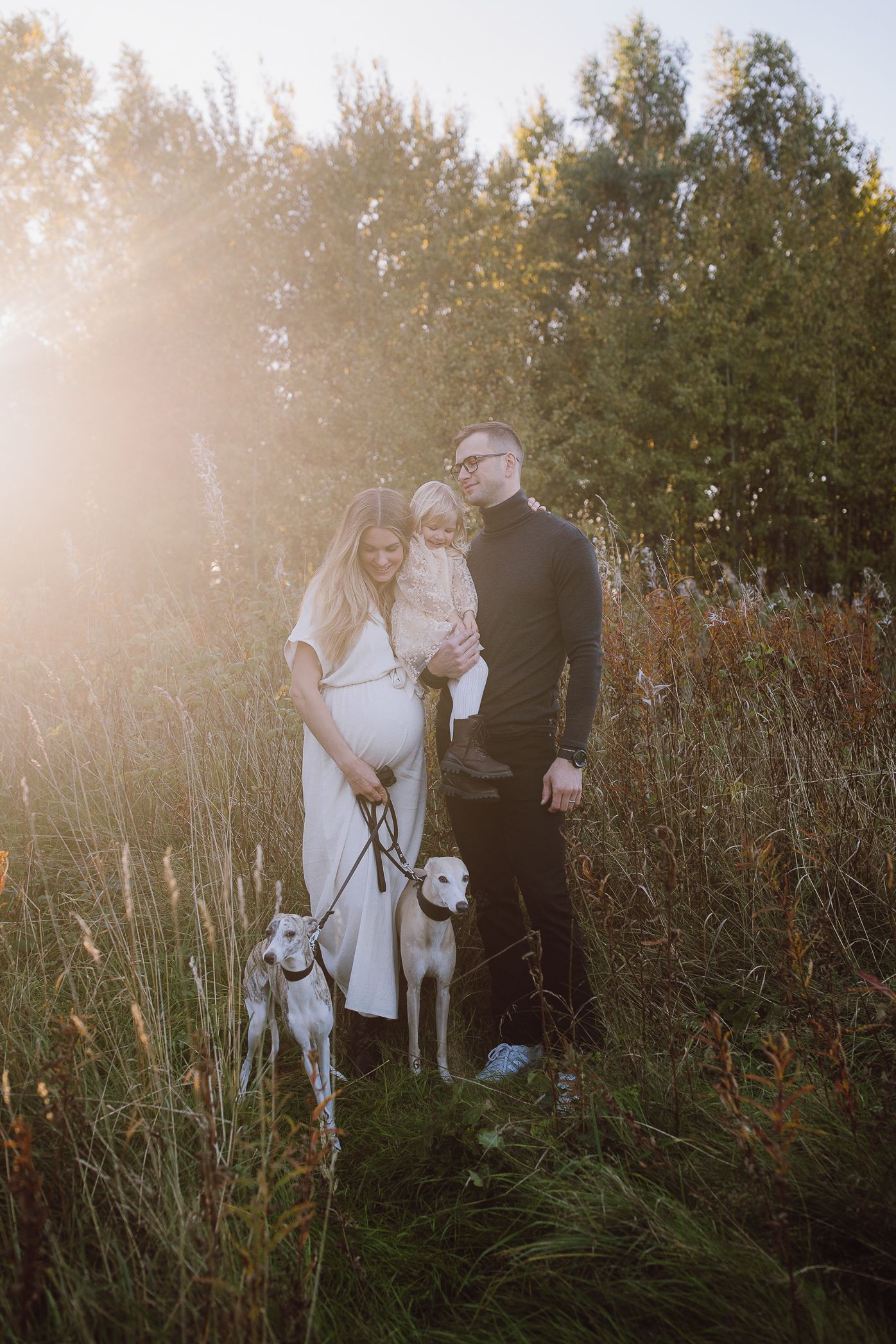 Couple walking with their dog through tall grass during golden hour sunset.