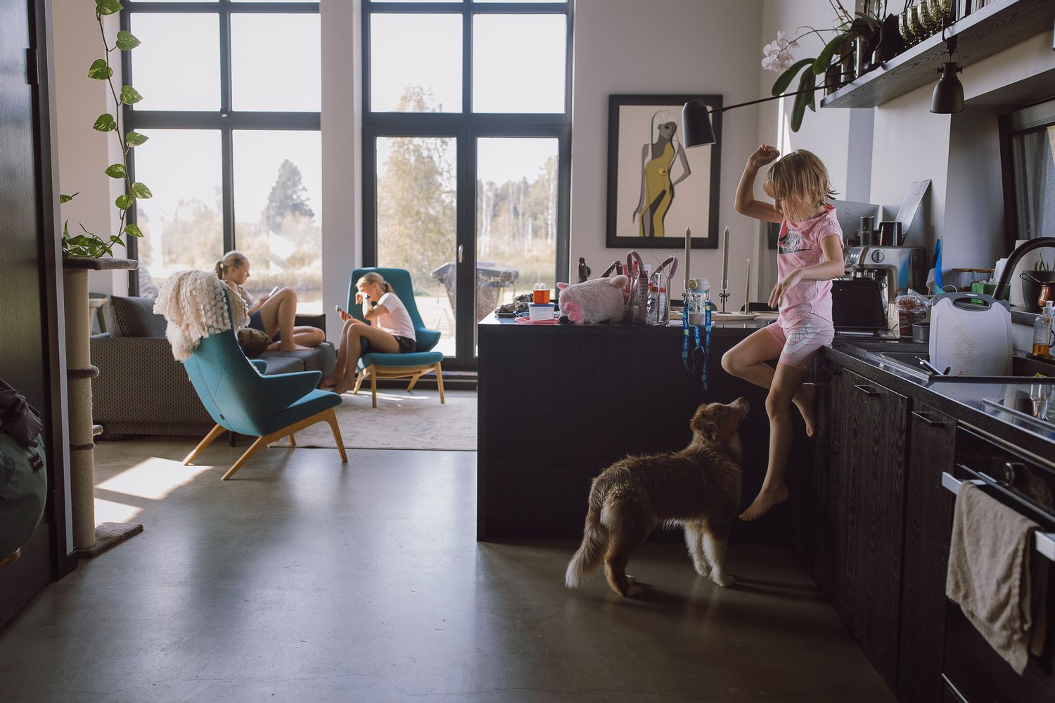 Interior view of a modern living room with large windows and natural lighting.