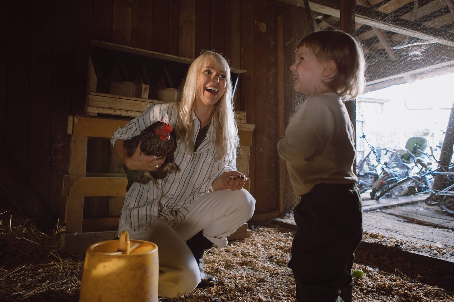 A series of candid moments captured in what appears to be a rustic indoor setting.