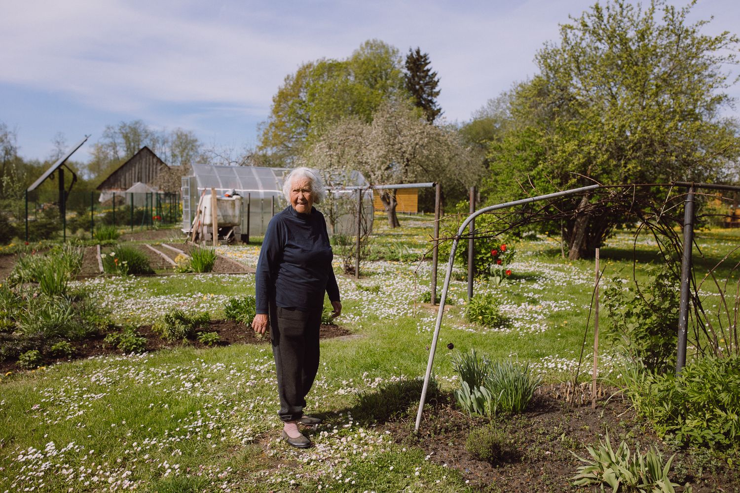 A garden in springtime with blooming flowers, trees, and a swing set visible in the background.