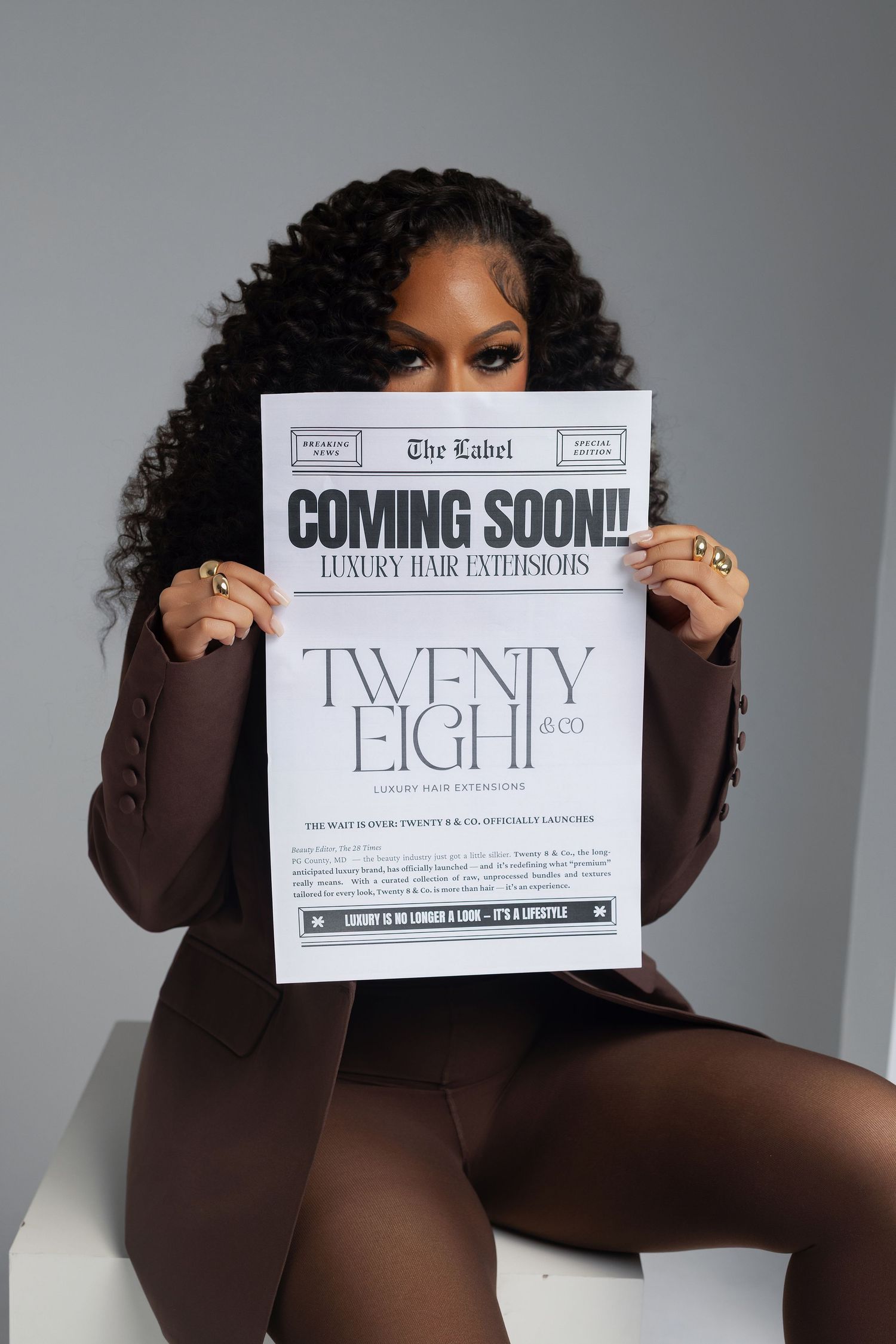 A series of promotional images showing text signs against a gray studio backdrop.