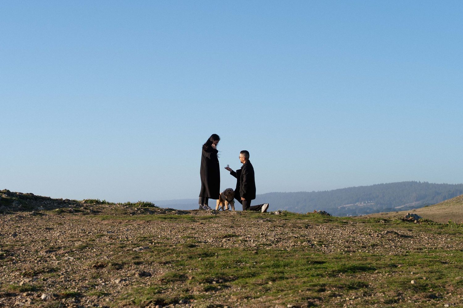 Couple in matching black cloaks sharing a romantic moment on a scenic hilltop with a small dog on a clear day.