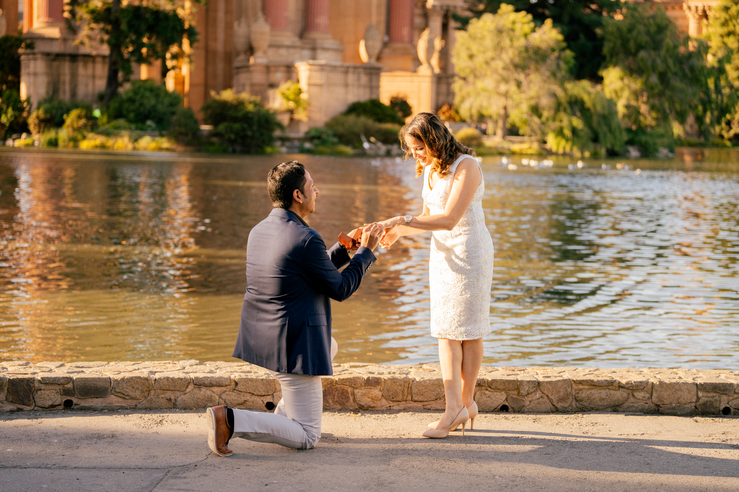 A proposal moment unfolds at the Palace of Fine Arts with its iconic dome and reflecting pool.