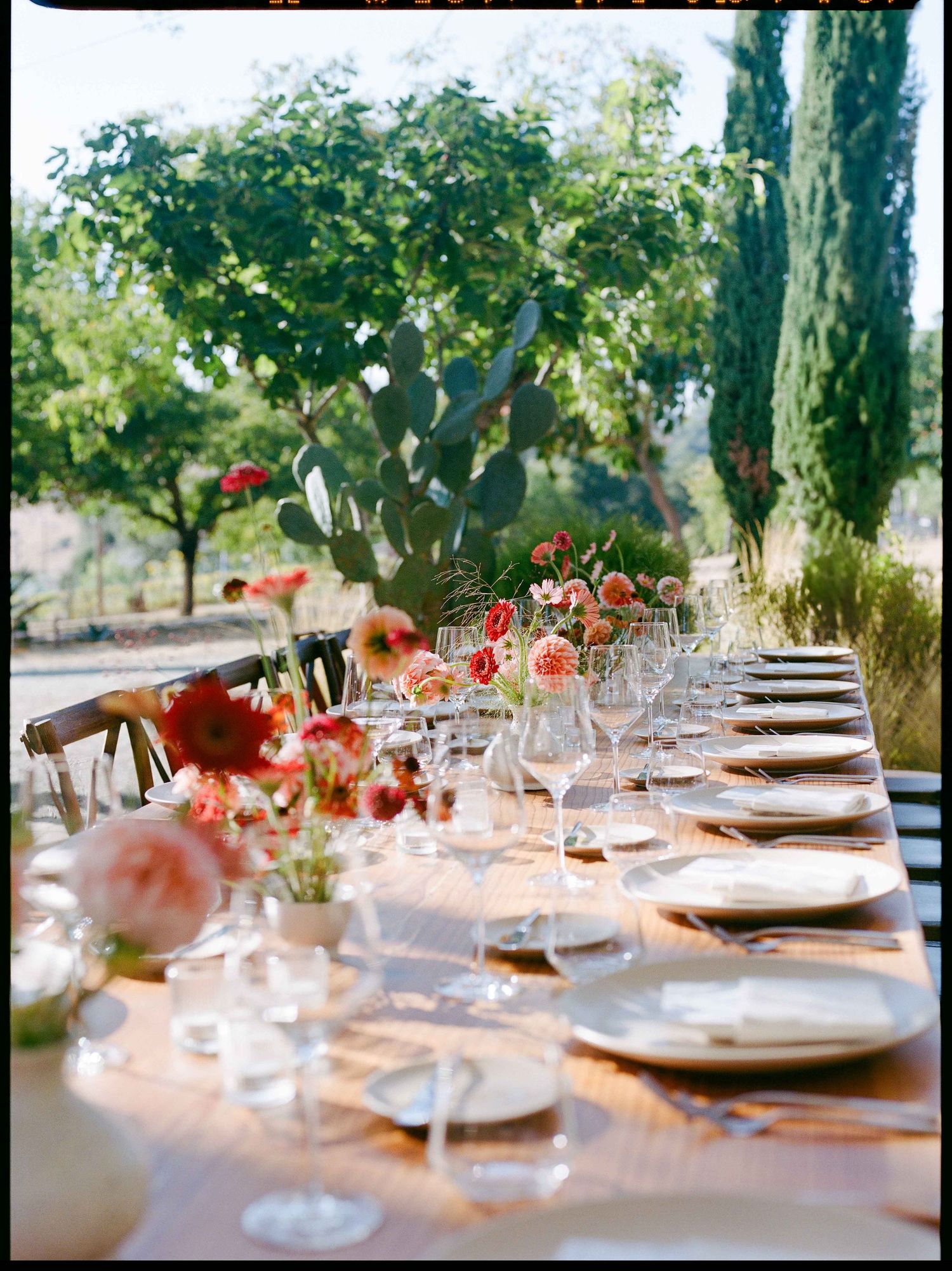 Elegant outdoor wedding reception long table setting with pink floral arrangements, glassware, and lush garden backdrop.