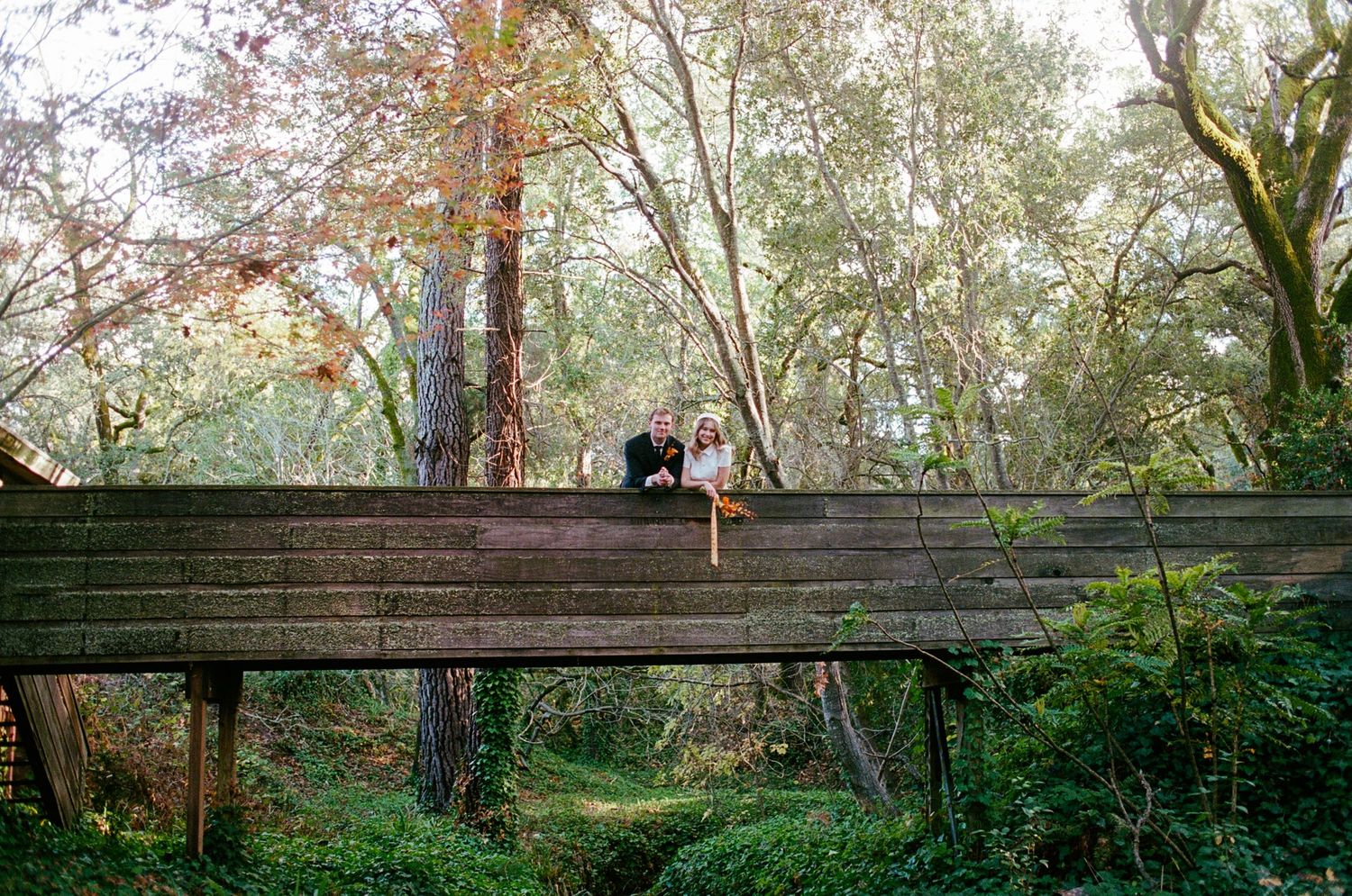 Bride and groom standing on bridge surrounded by greenery.