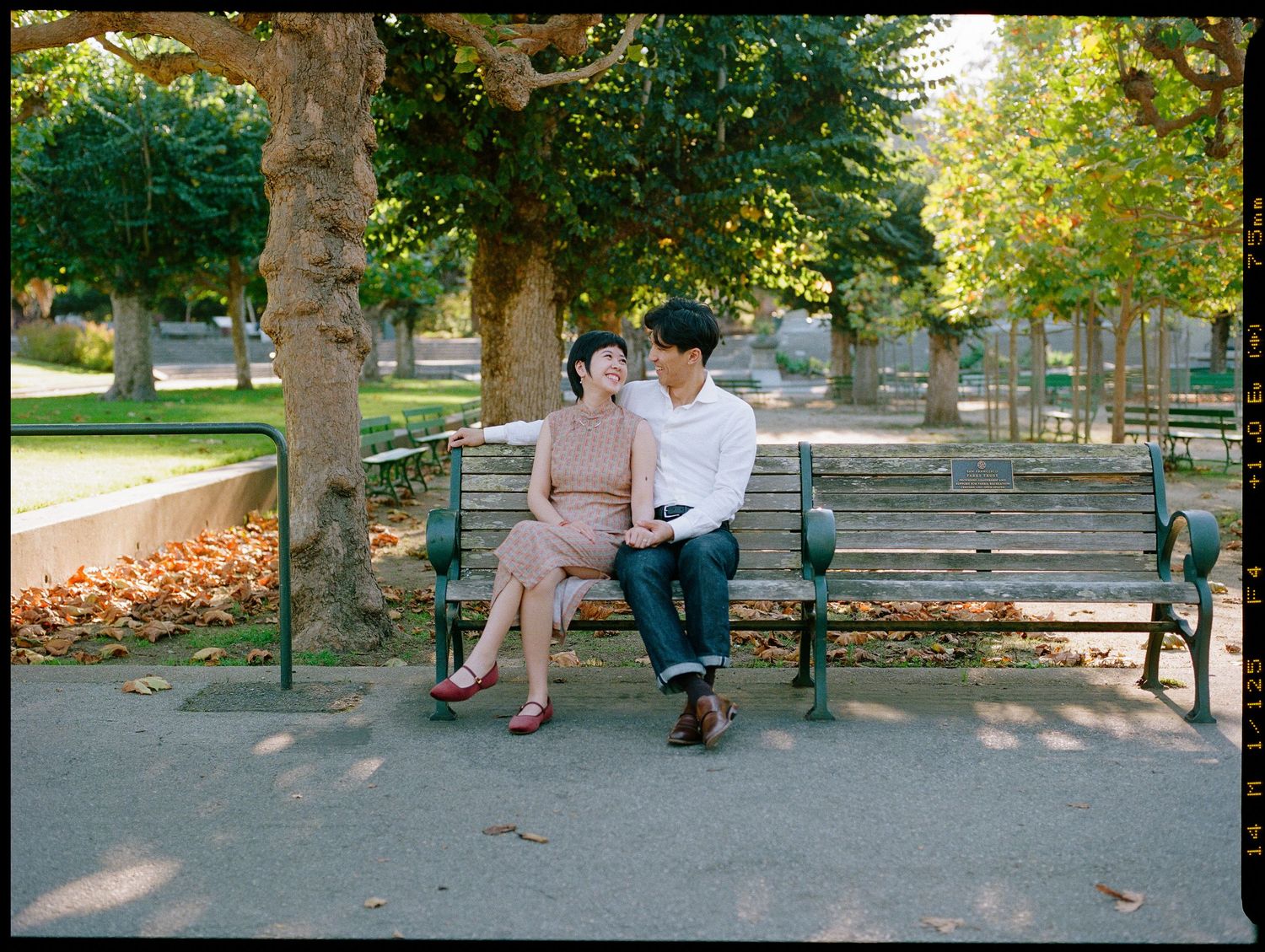 Couple sitting together on a park bench surrounded by autumn trees in a serene outdoor setting.
