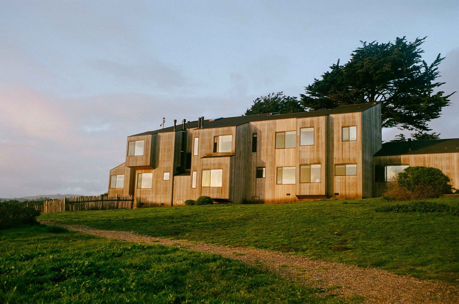 The Sea Ranch Lodge guest rooms at sunset, taken on film.