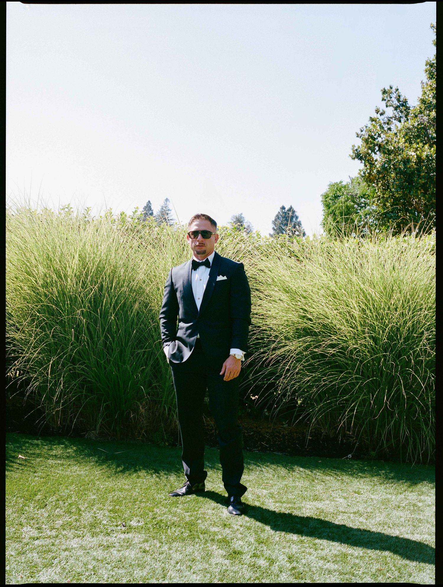 Groom in black tuxedo poses confidently outdoors among tall ornamental grasses in sunlight.