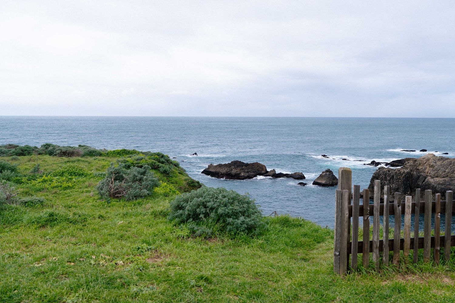 Scenic coastal view with green grassy cliffs, rocky shoreline, wooden fence gate, and calm ocean under overcast sky.