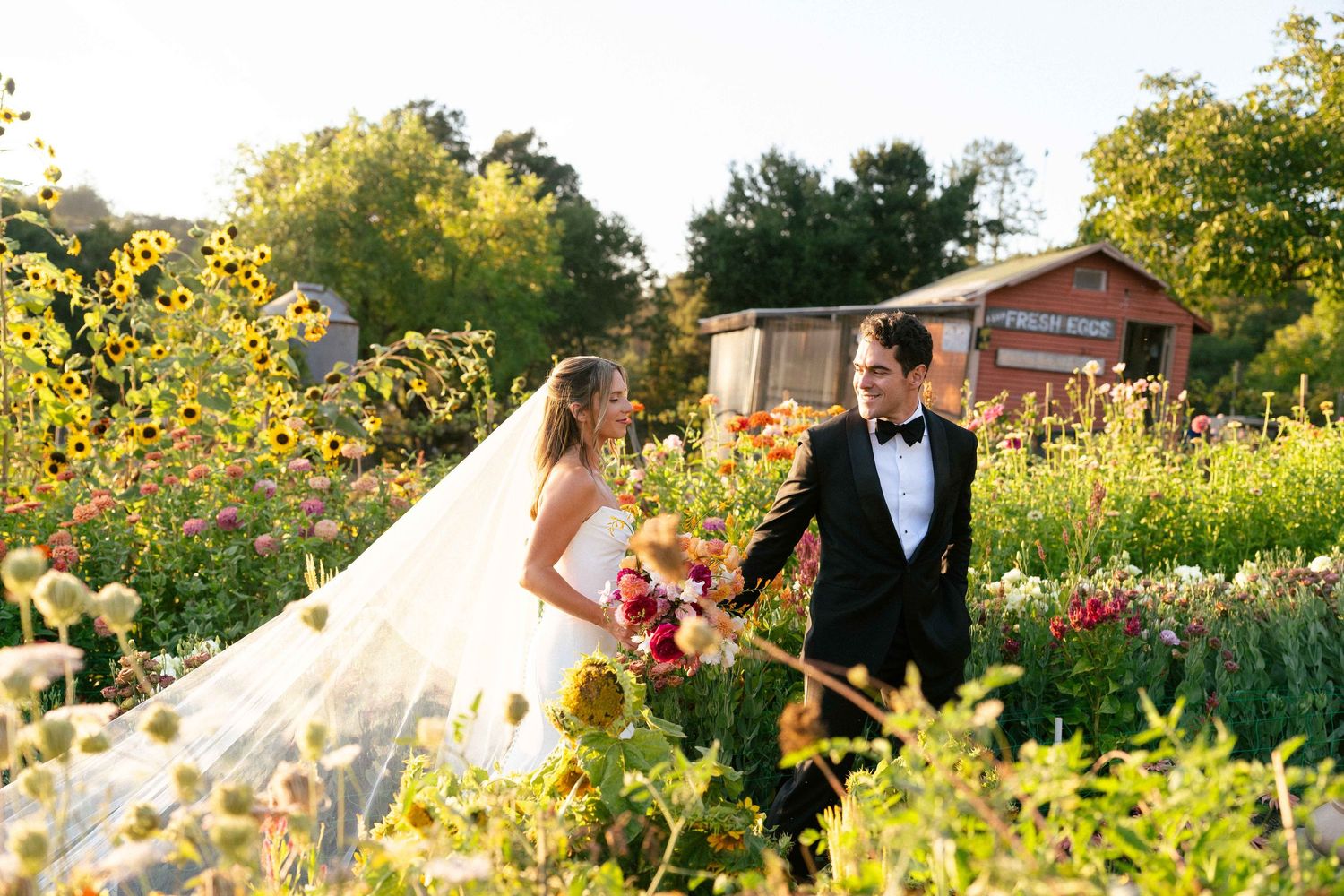 Bride and groom walk through a vibrant flower garden in golden sunlight at their wedding.