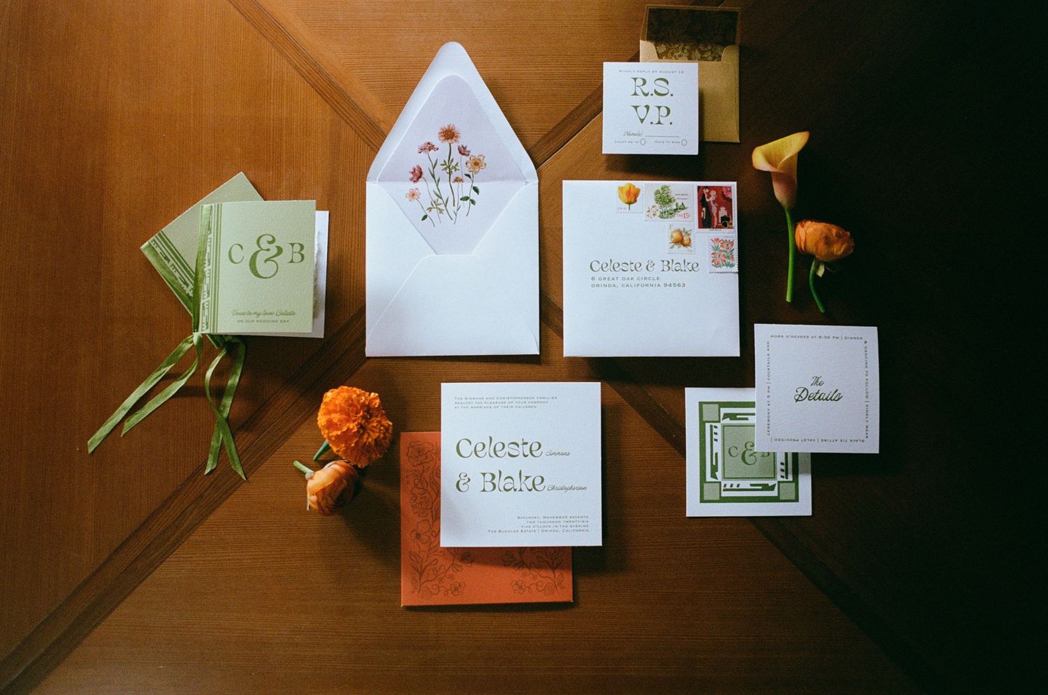 Orange and green wedding invitation suite.