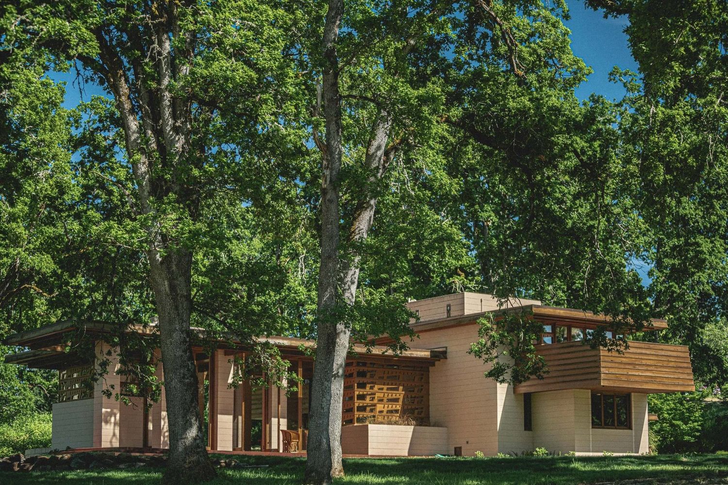 A low-profile mid-century modern home sits peacefully surrounded by mature shade trees outdoors.