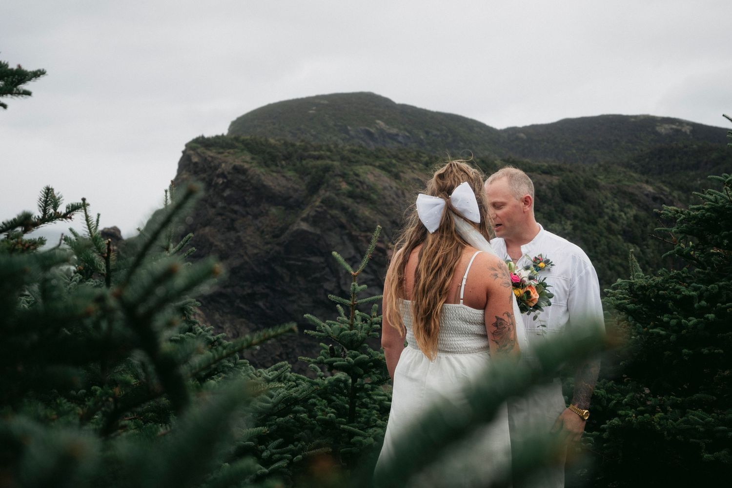 Wedding couple embracing among evergreen trees with dramatic mountain cliffs in background.