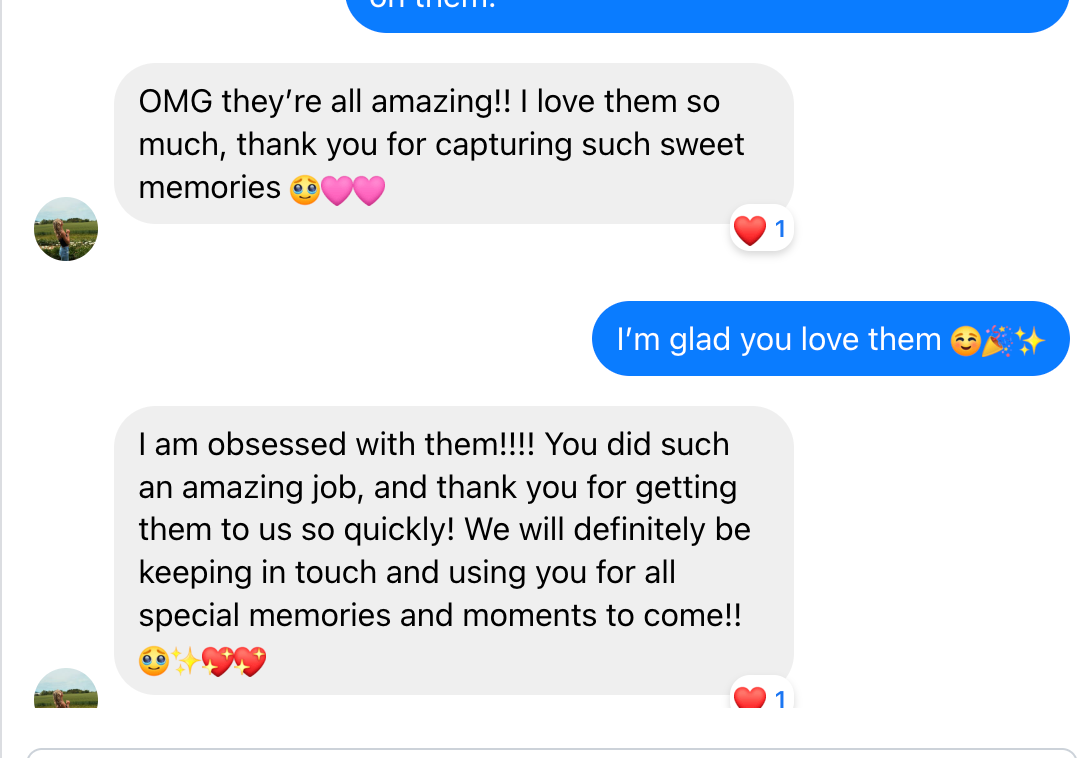 Screenshot of a Facebook Messenger conversation with customers expressing excitement about sweet memories captured in photos.