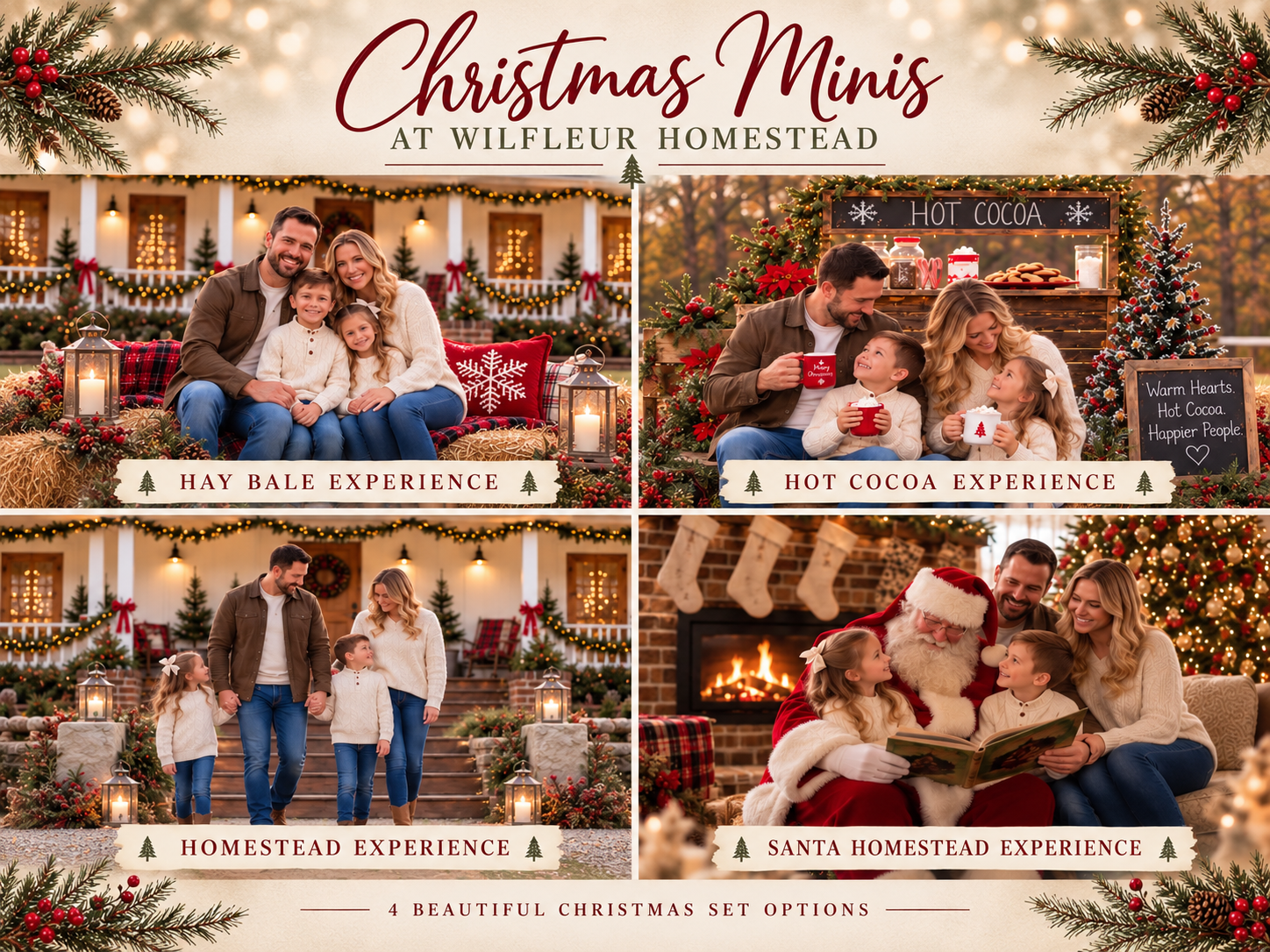 Christmas mini photo sessions at Wilfleur Homestead featuring hay bale, hot cocoa, homestead, and Santa set options.