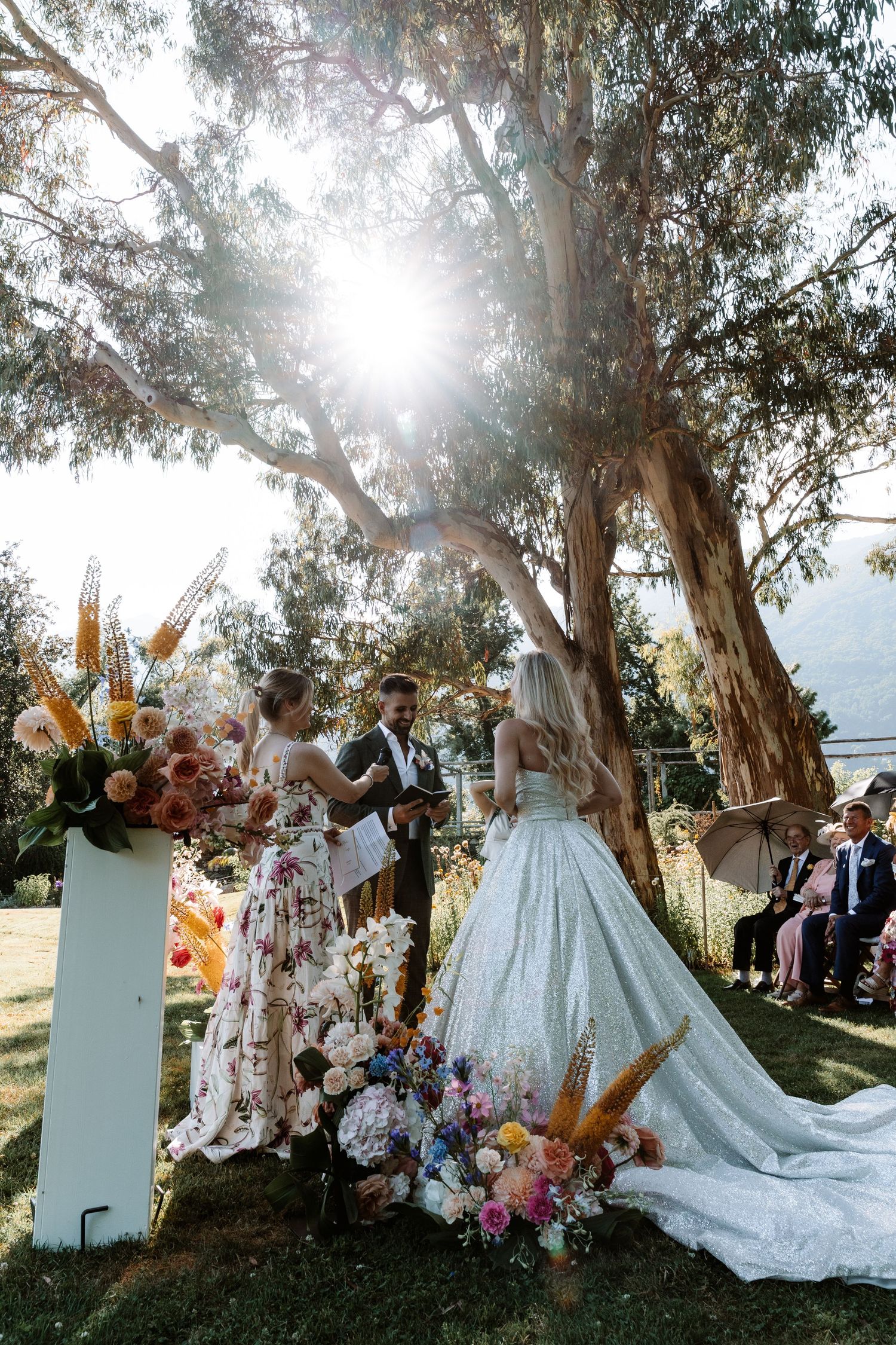 Wedding party gathers under eucalyptus trees during golden hour for outdoor celebration photos.