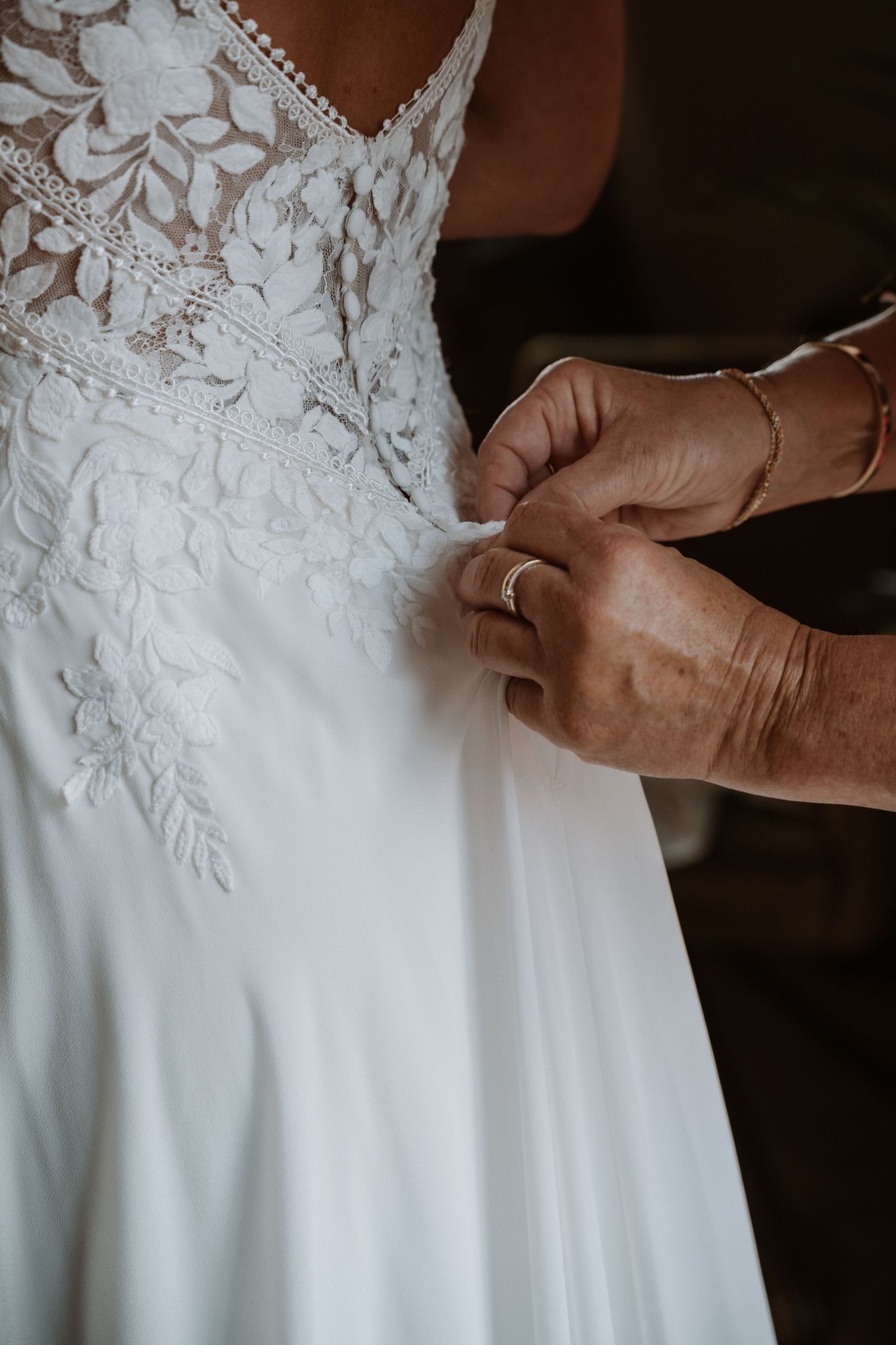 Close-up details of delicate lace and buttons on a white wedding dress being fastened.
