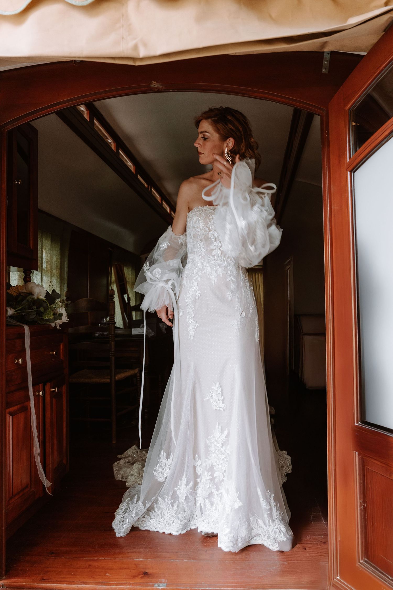 Series of ethereal shots showing the movement of a flowing white wedding dress.