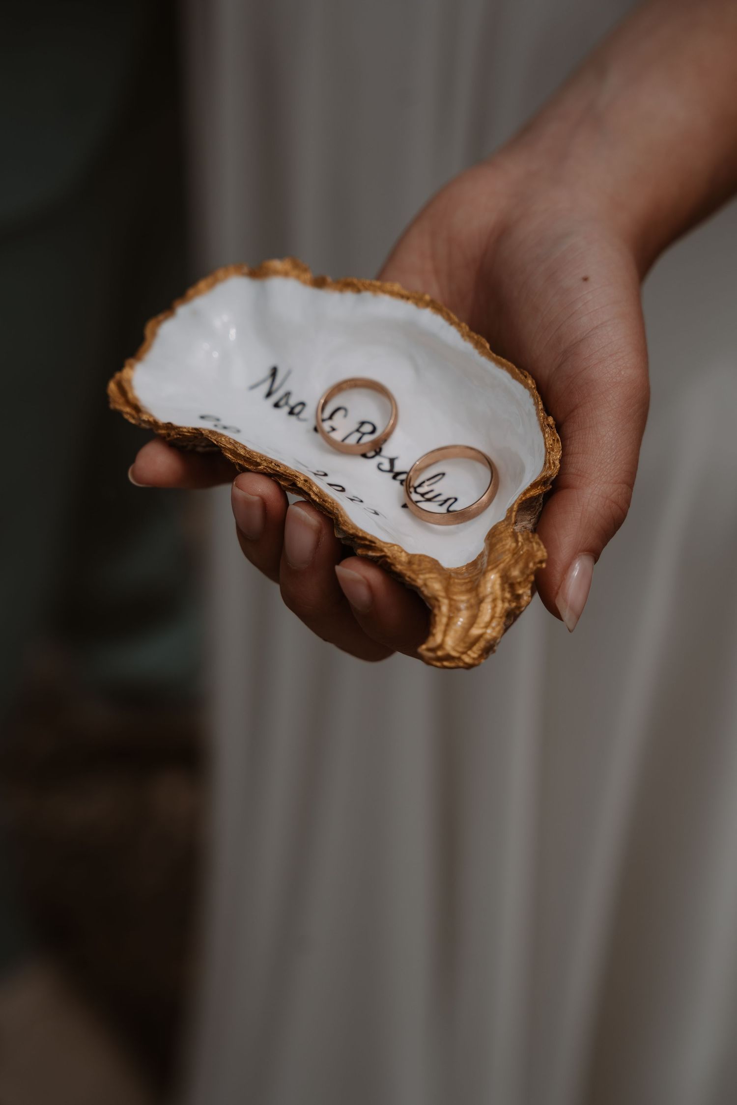 Wedding rings displayed on decorative white oyster shells with gold trim.