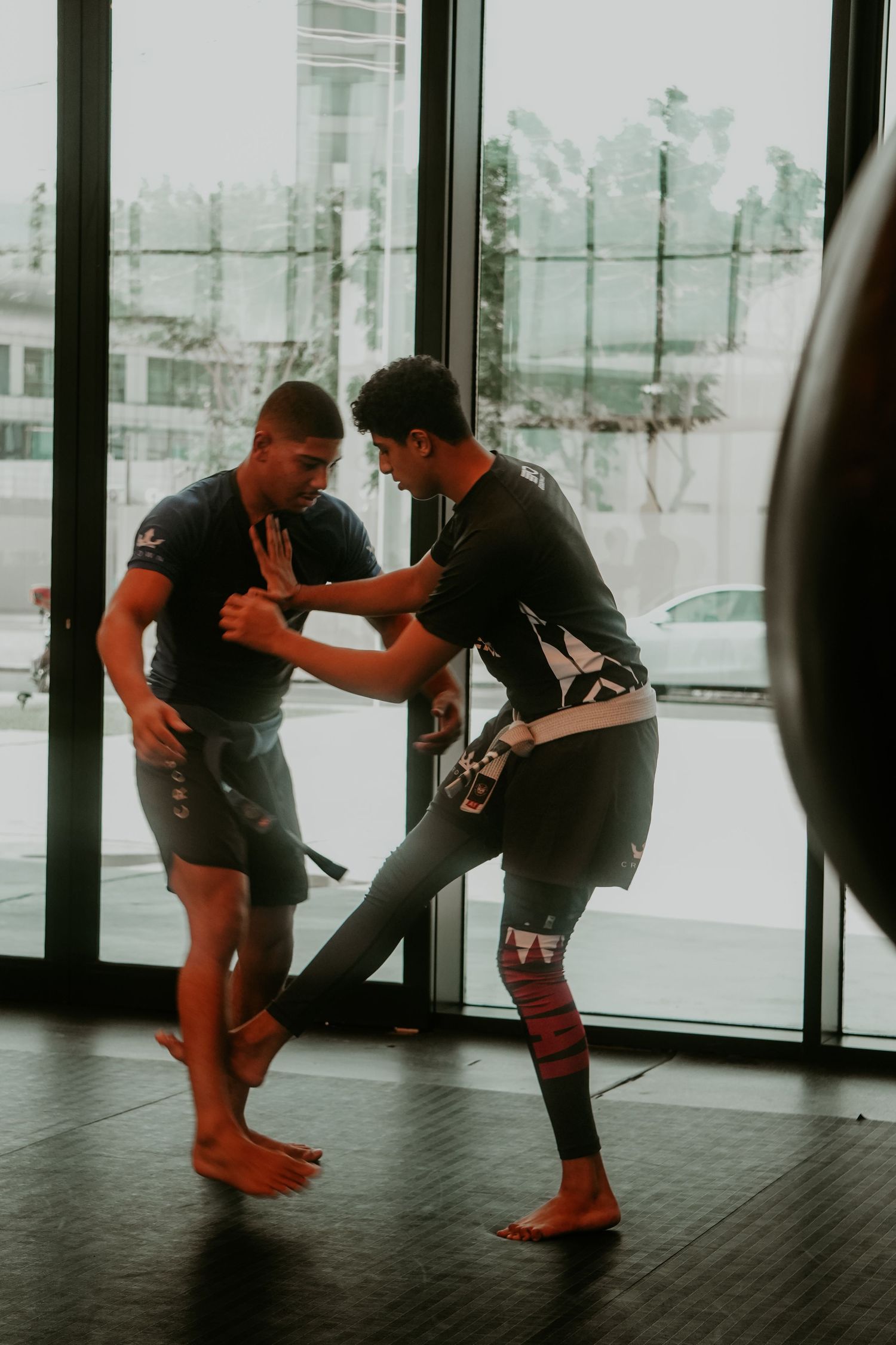 Two martial artists sparring in a clinch position by large gym windows with natural light