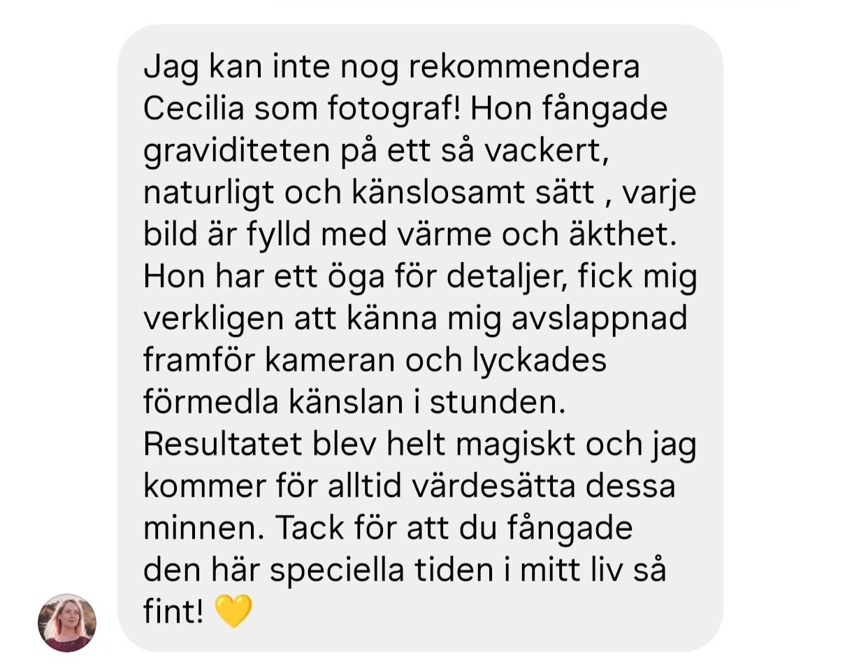 Swedish text testimonial on white background with profile photo.