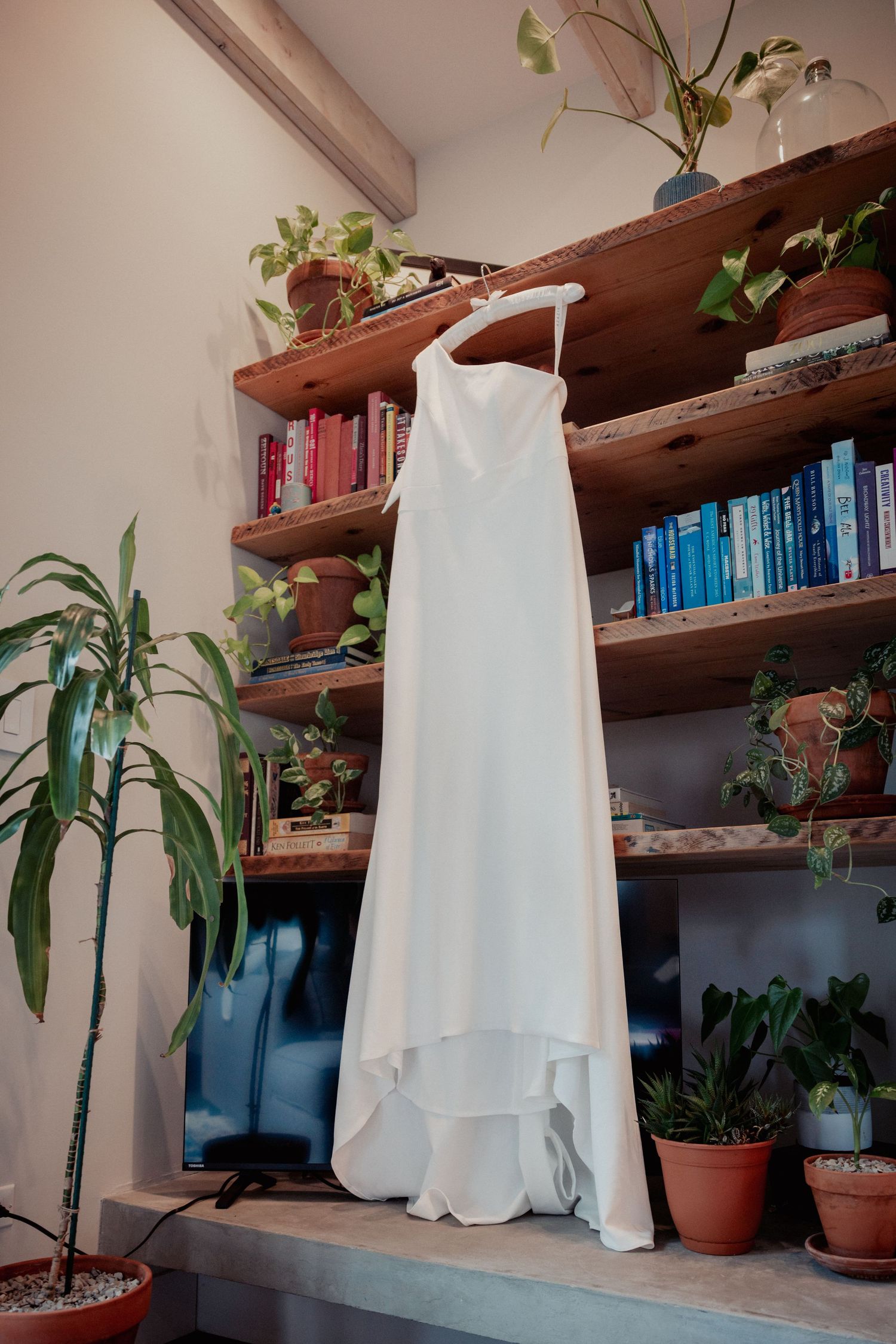 Elegant white asymmetric wedding dress hanging on a wooden hanger beside a plant-filled bookshelf.