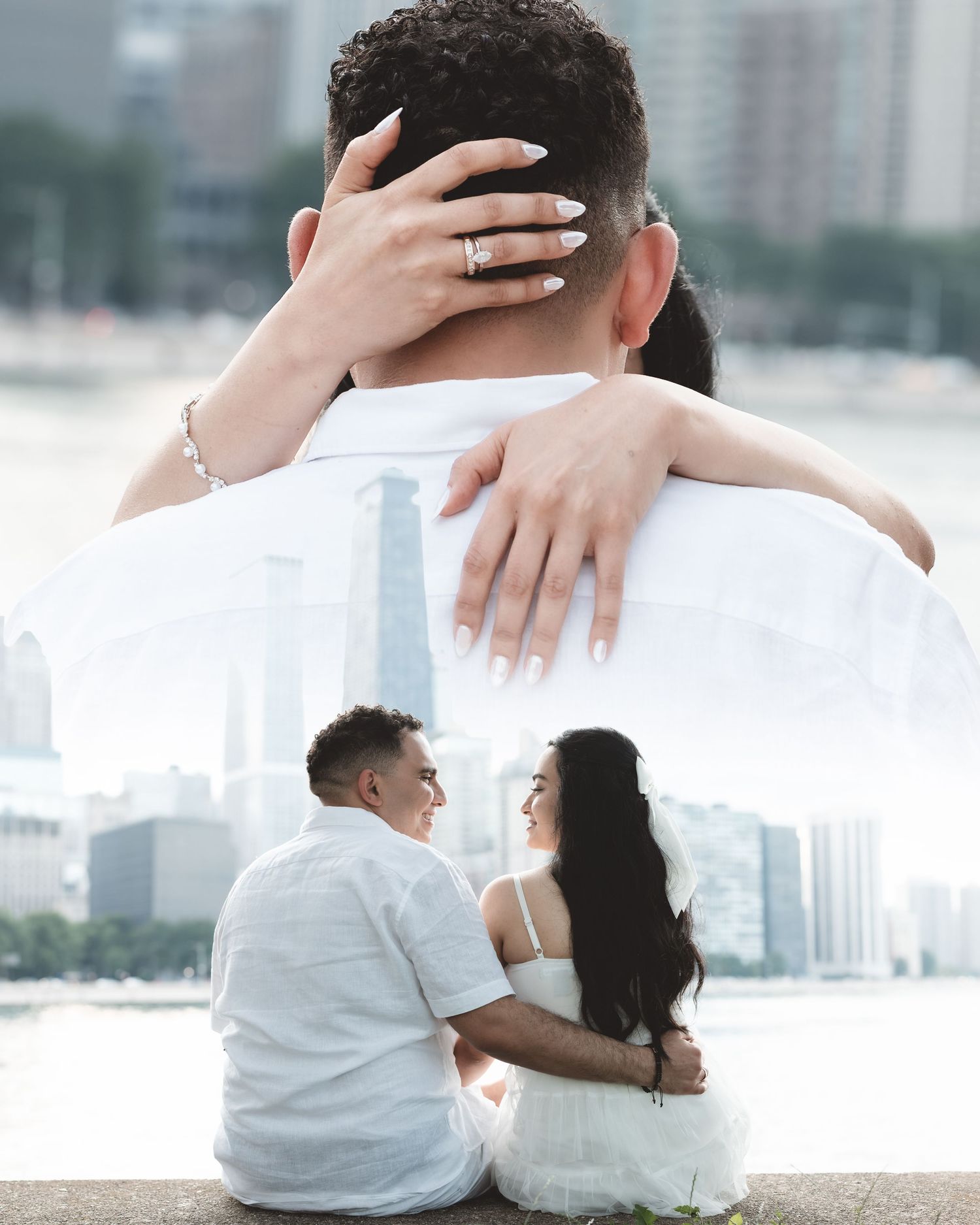 A collage of an engaged couple showing her ring near a city waterfront.