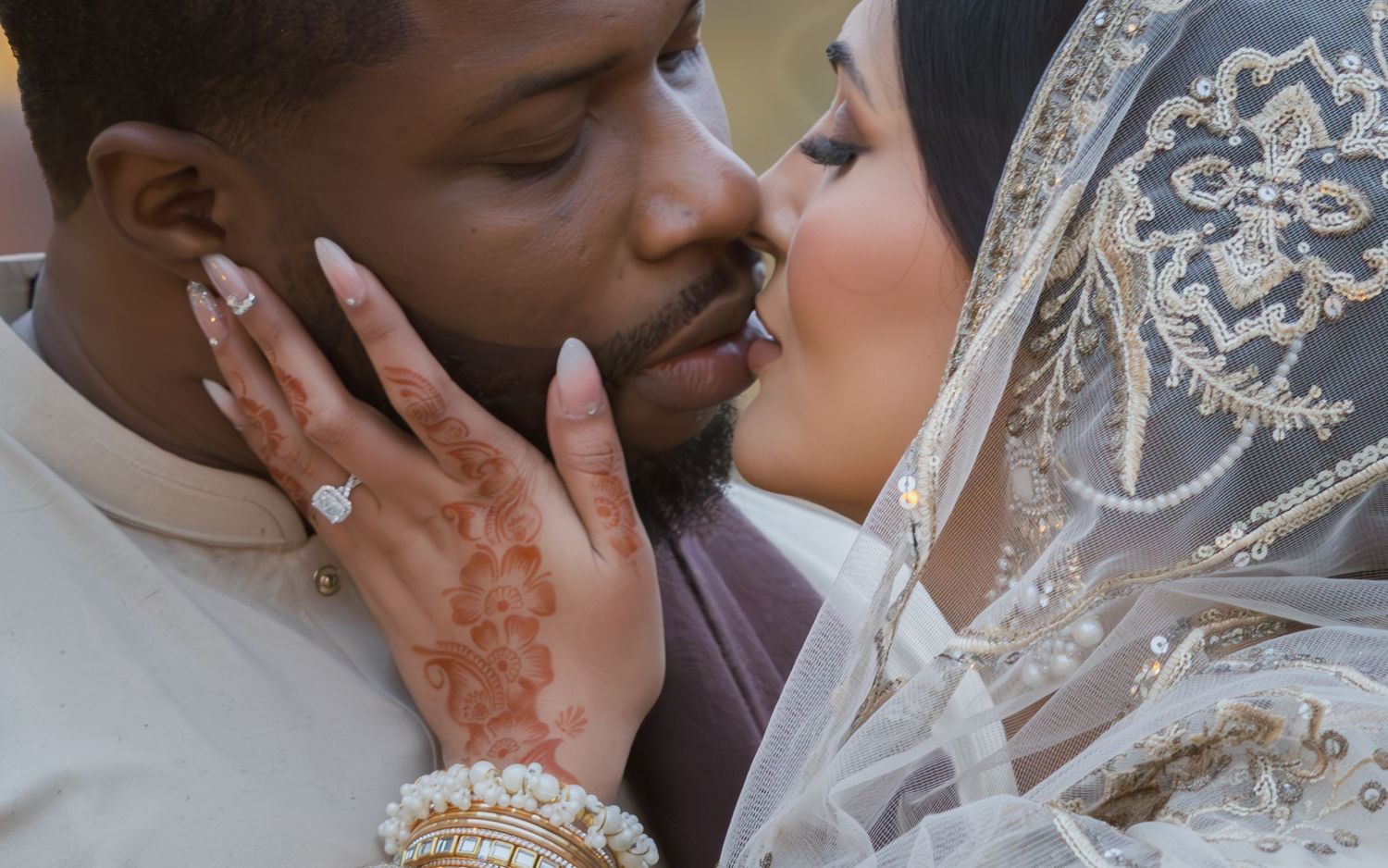 Close-up of interracial Muslim couple kissing, bride with henna hands and gold bangles in embroidered dupatta.
