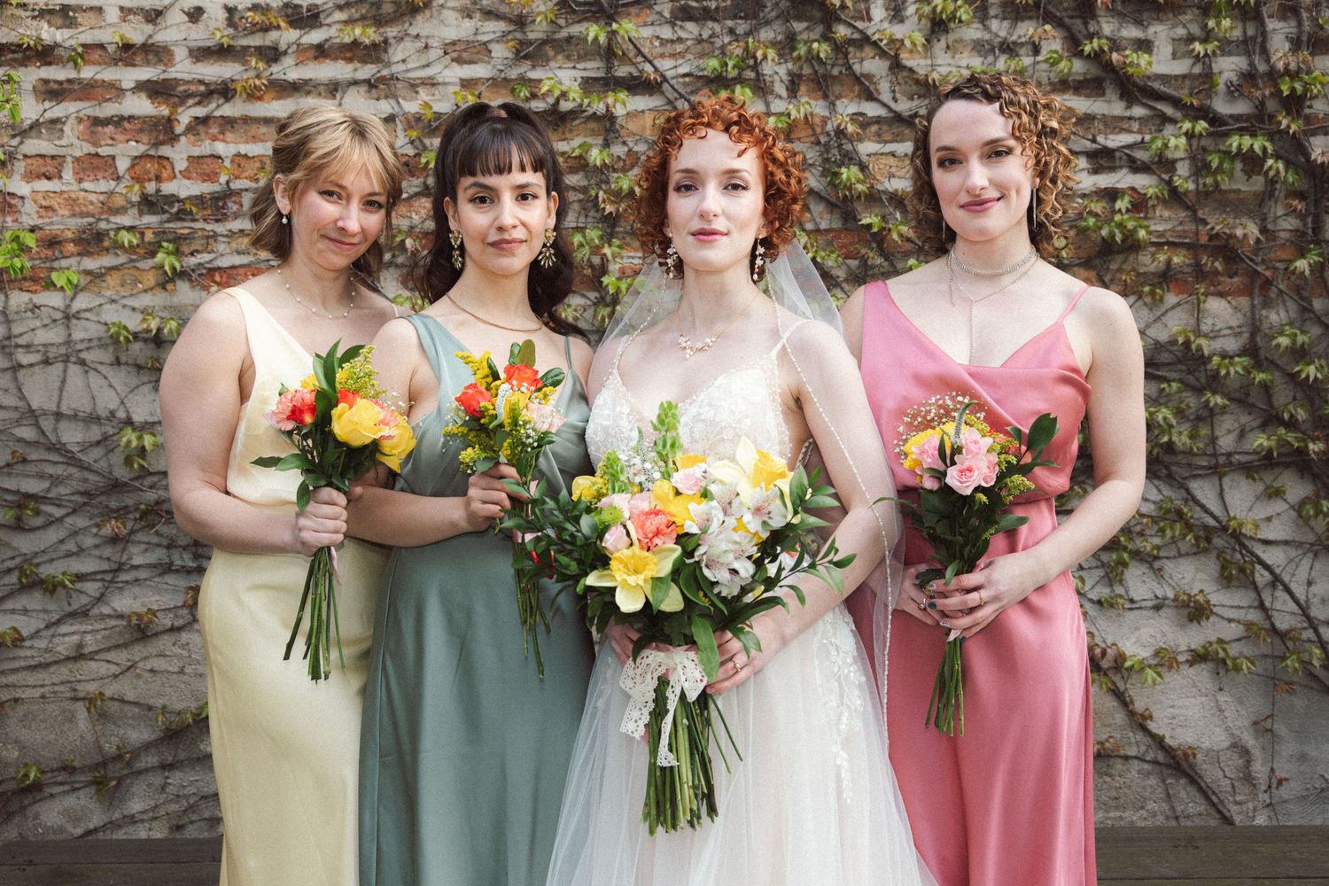 Bride and three bridesmaids in colorful dresses holding spring bouquets against a brick wall backdrop.