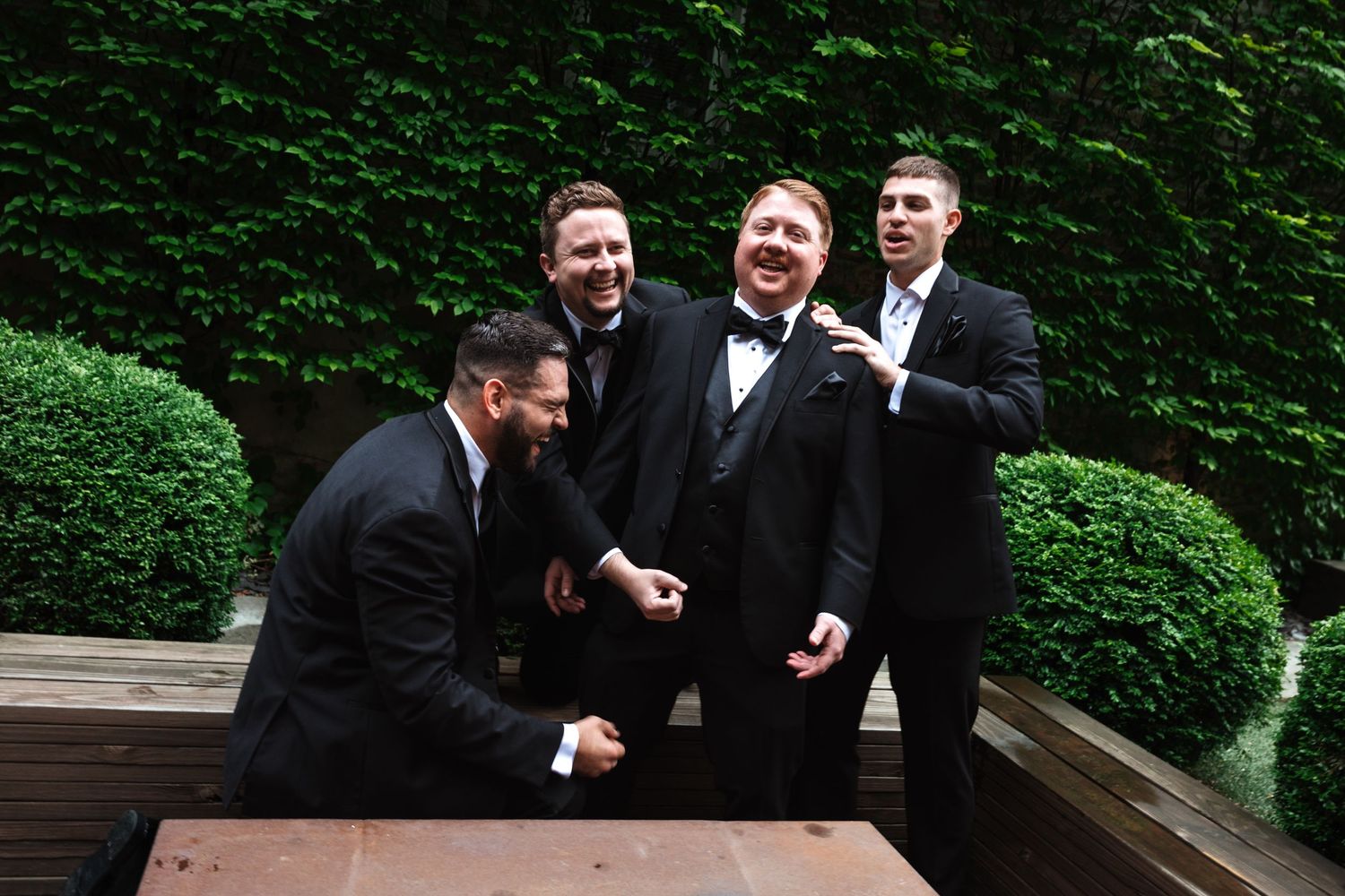 Four groomsmen in black tuxedos laughing together on a wooden deck against a green ivy-covered wall.