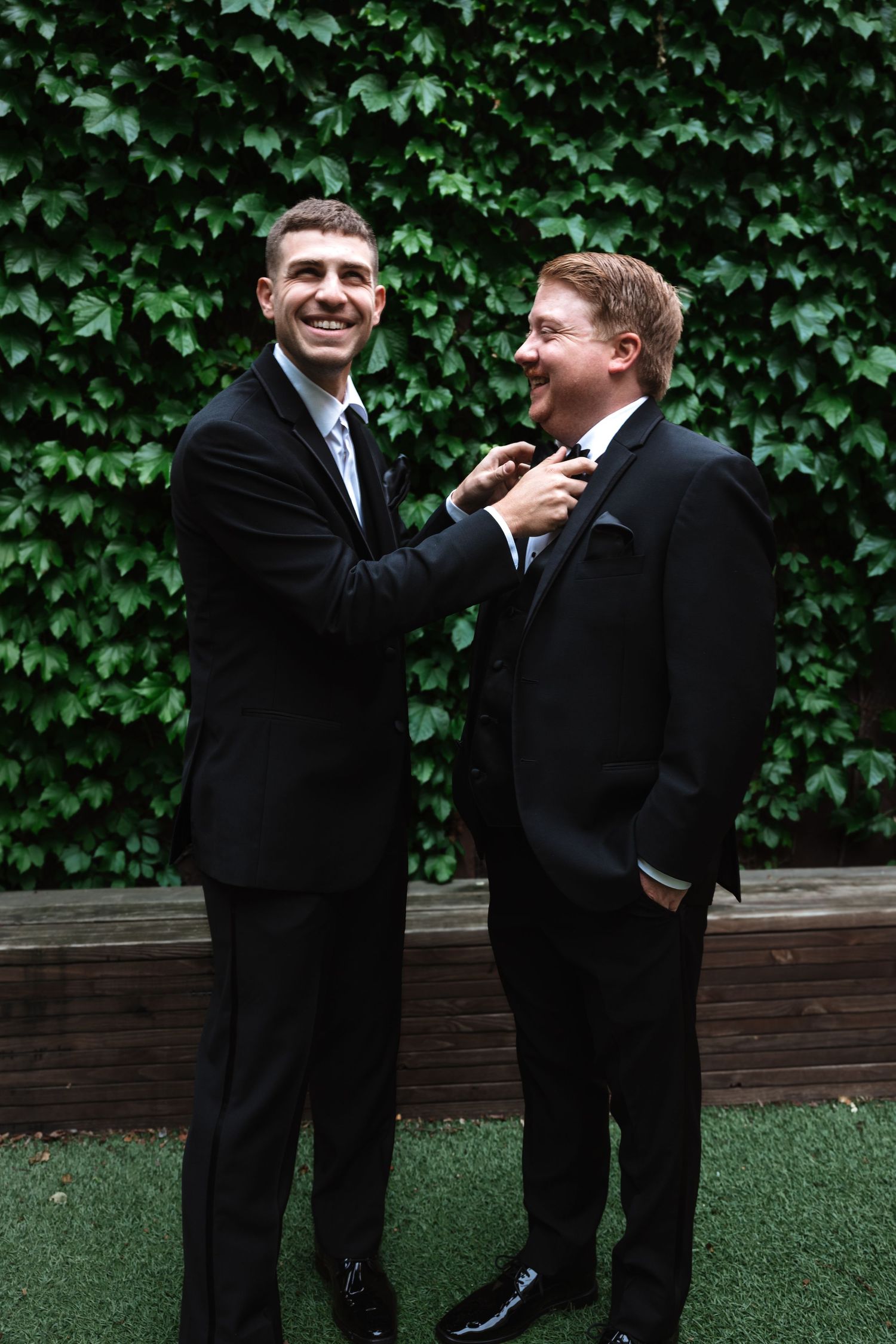 Two men in black suits laughing while adjusting bow tie against lush ivy wall.
