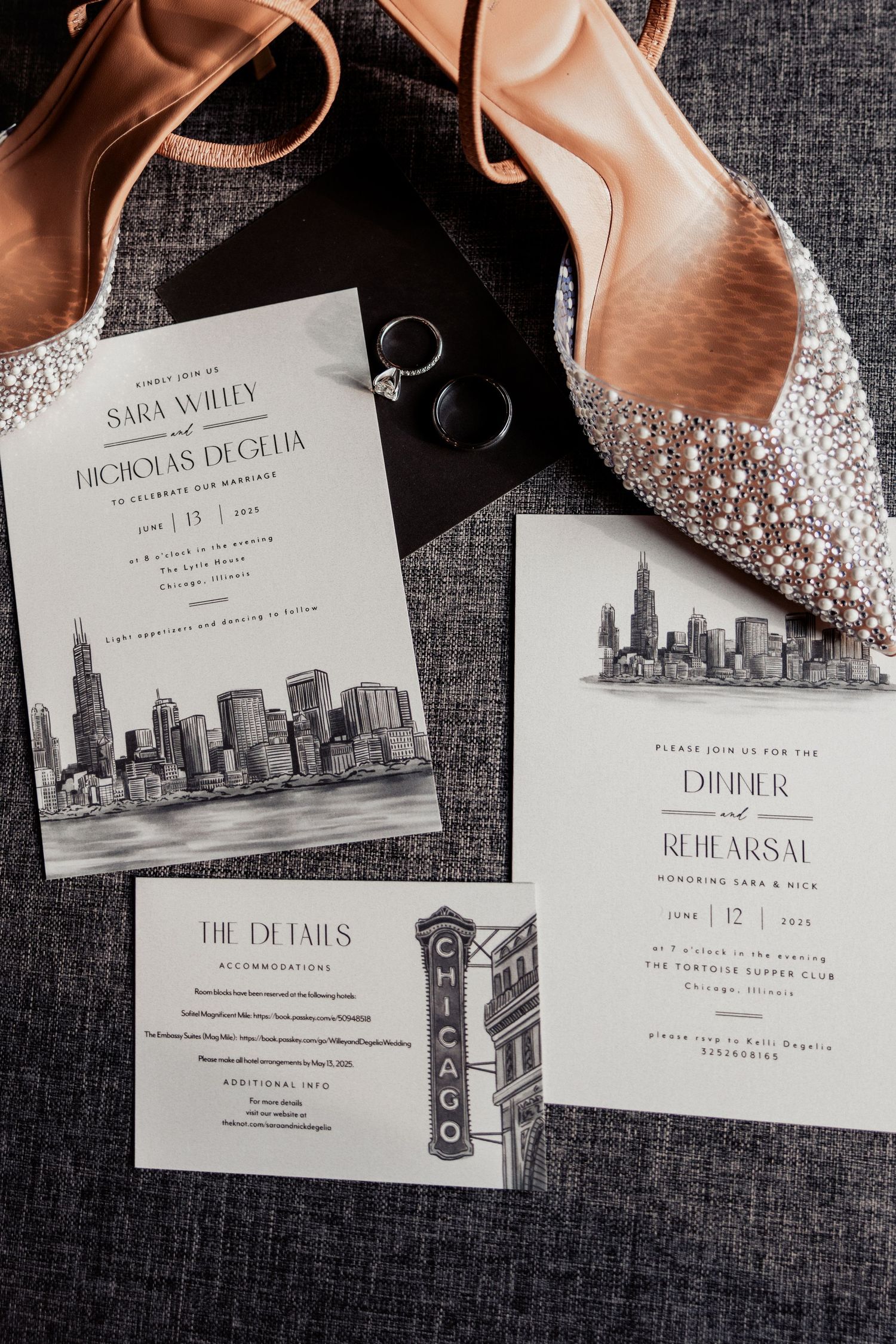 Chicago skyline wedding invitation suite with pearl heels, rings, and rehearsal dinner card.