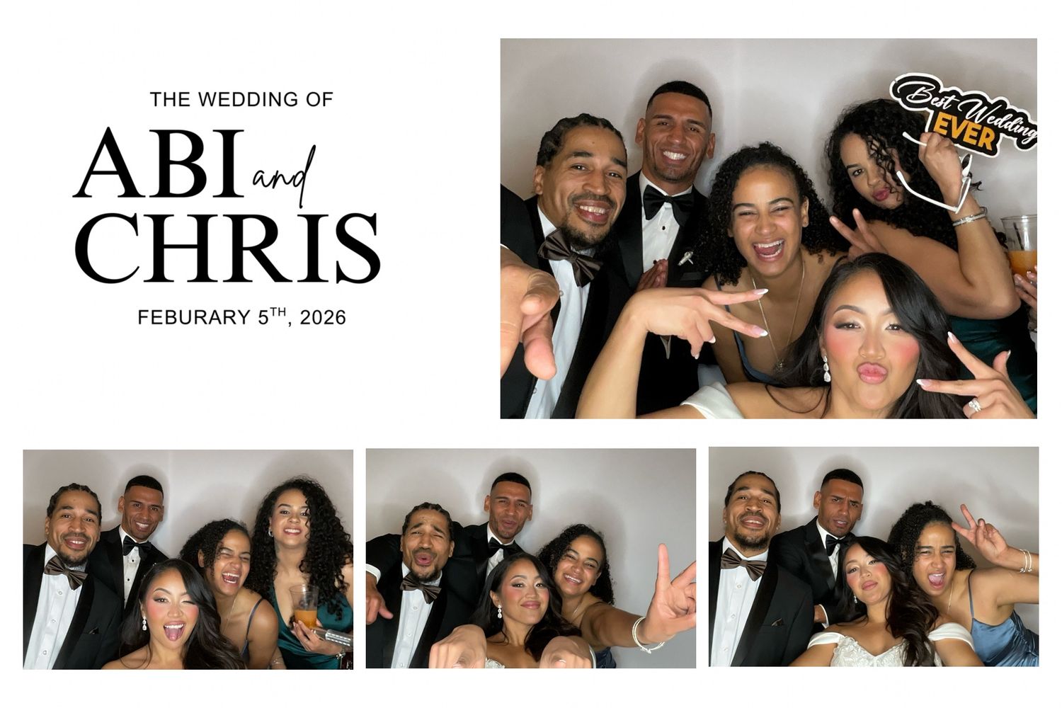 Photo booth strip showing three black and white party photos with a group celebrating at a wedding event.