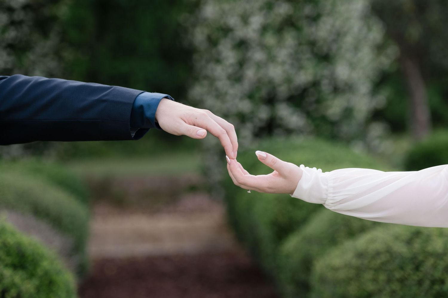 Two people reaching toward each other in a garden, fingertips nearly touching, one in a dark suit and one in white lace.