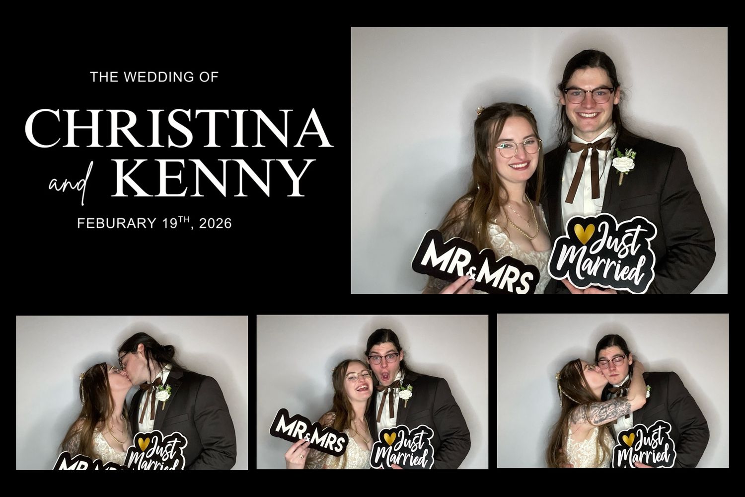 Black and white photo booth strip showing wedding guests posing and having fun with props at Christina and Kenny's celebration.