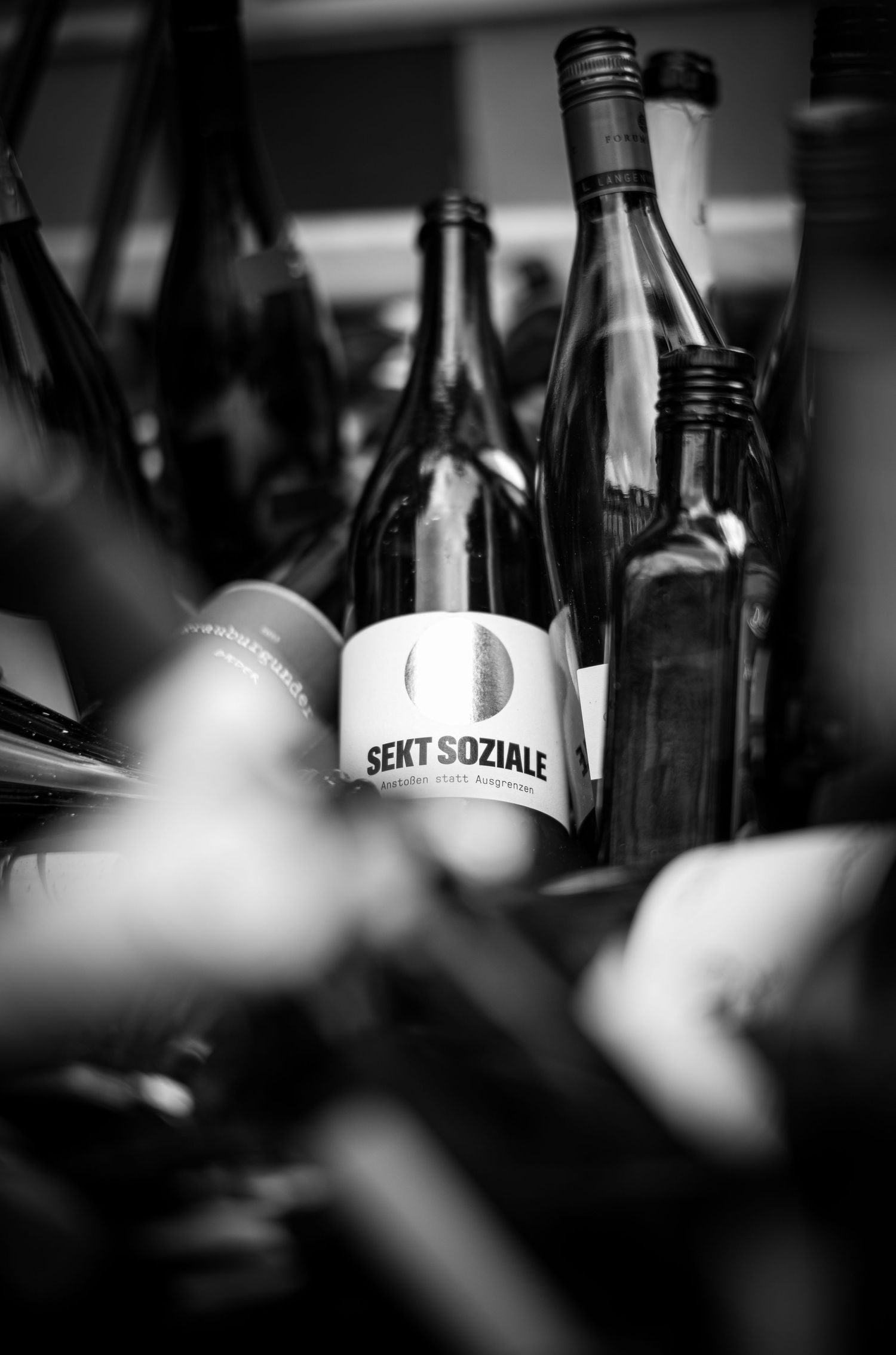 Black and white artistic photograph of beer bottles in selective focus with soft bokeh effect in the background.