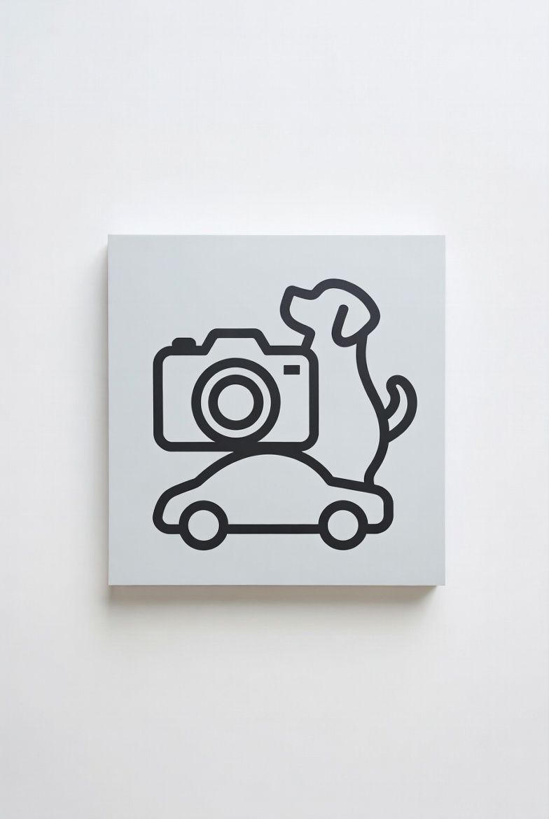 Minimalist icon design featuring camera, car and dog silhouettes on white canvas.
