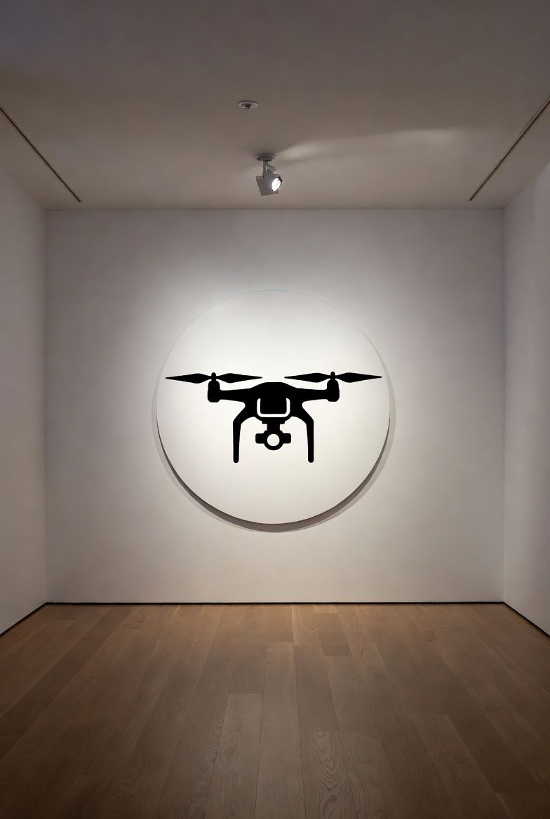 Minimalist art installation featuring drone silhouette on circular white background in gallery space.