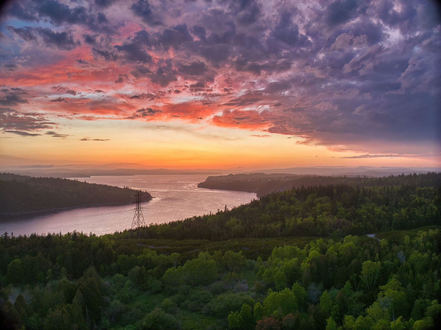 Stunning sunset panorama over a forested coastline with pink and orange clouds, featuring Saint John River.
