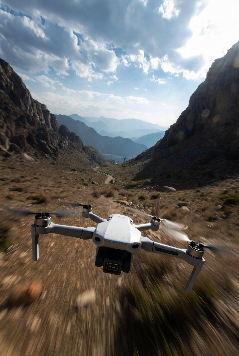 White drone flying over dramatic mountain landscape with rocky terrain and blue sky.