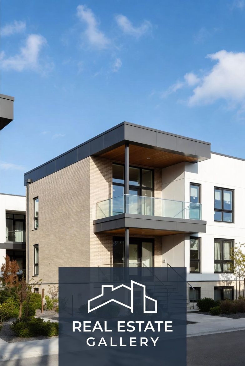 Modern architectural building with Real Estate Gallery signage and glass balcony design.