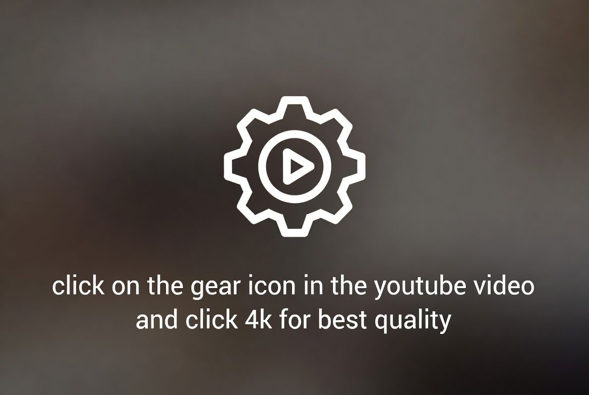 A gear icon with play button symbol and text instructions for selecting 4k video quality on YouTube.