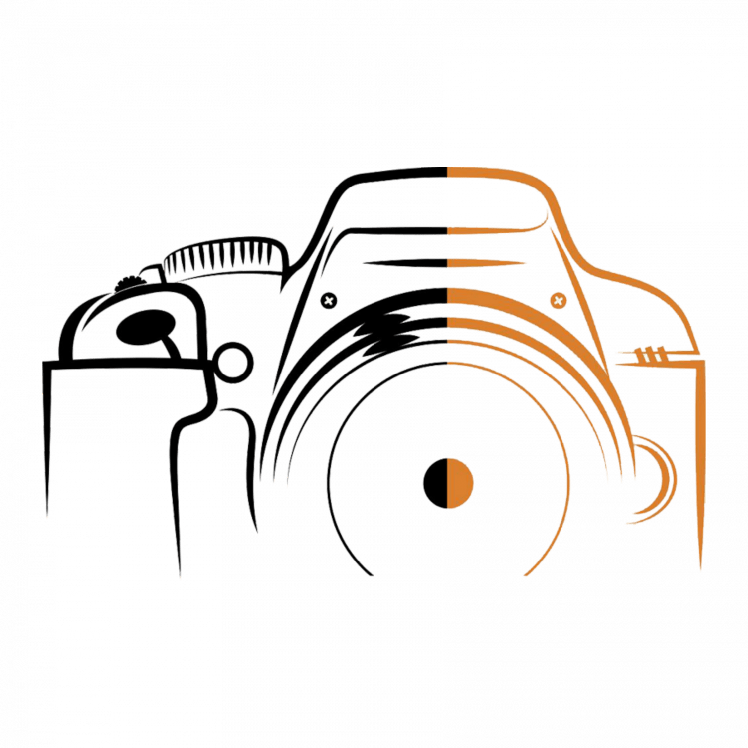 Minimalist camera equipment silhouettes in black and orange showing different photography gear.