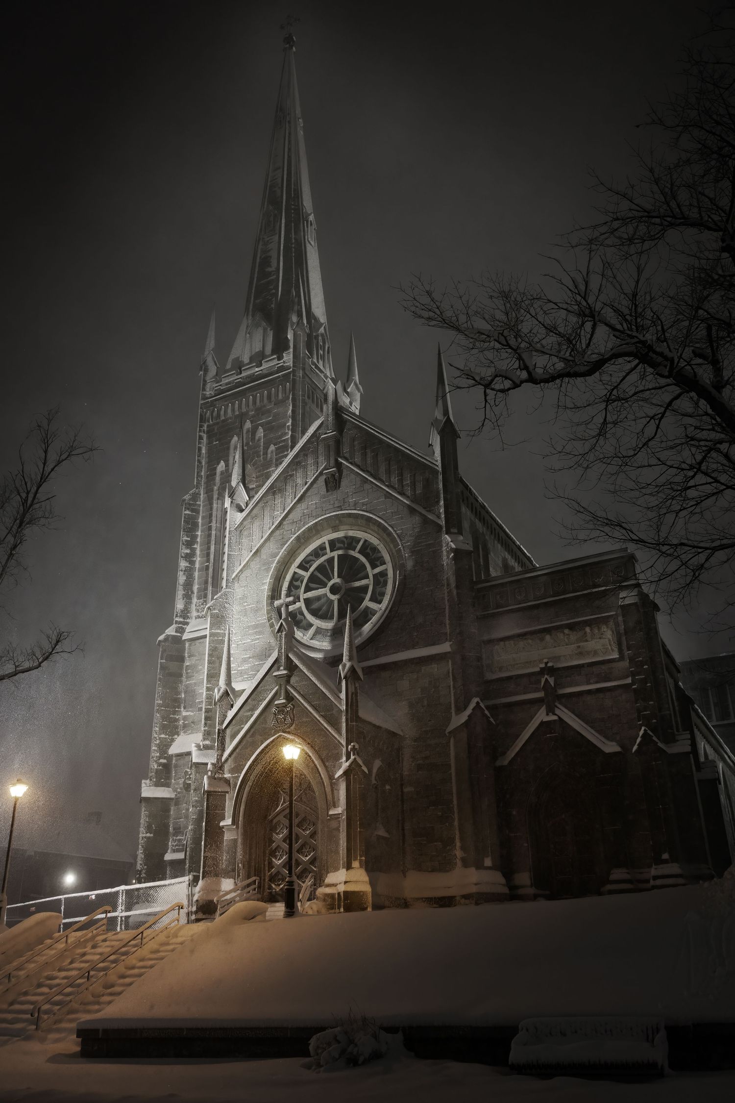 Gothic church steeple illuminated at night in foggy winter weather with snow covered steps and bare trees.