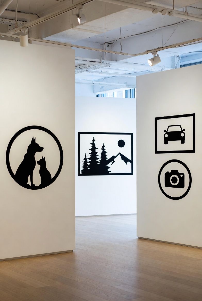 Gallery wall displaying black silhouette icons of pets, landscapes, car and camera.